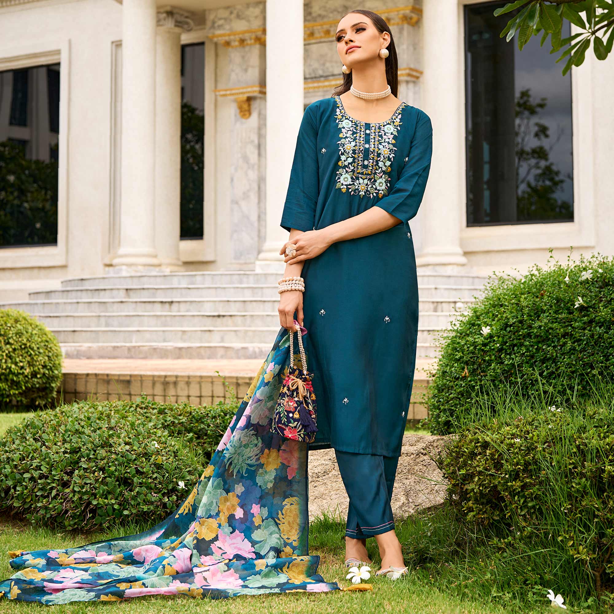 Morpich Floral Embroidered Chanderi Silk Suit