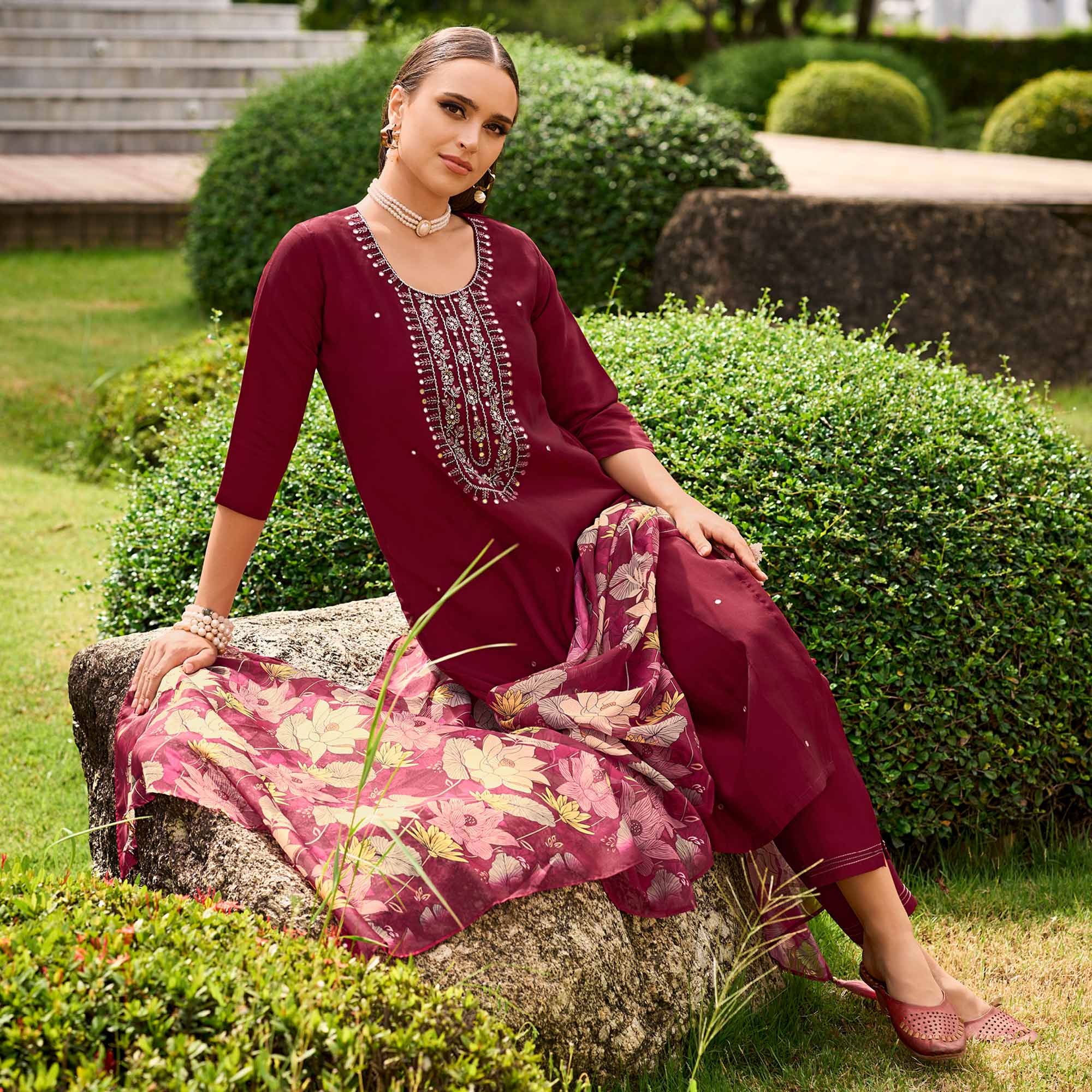 Maroon Floral Embroidered Chanderi Silk Suit