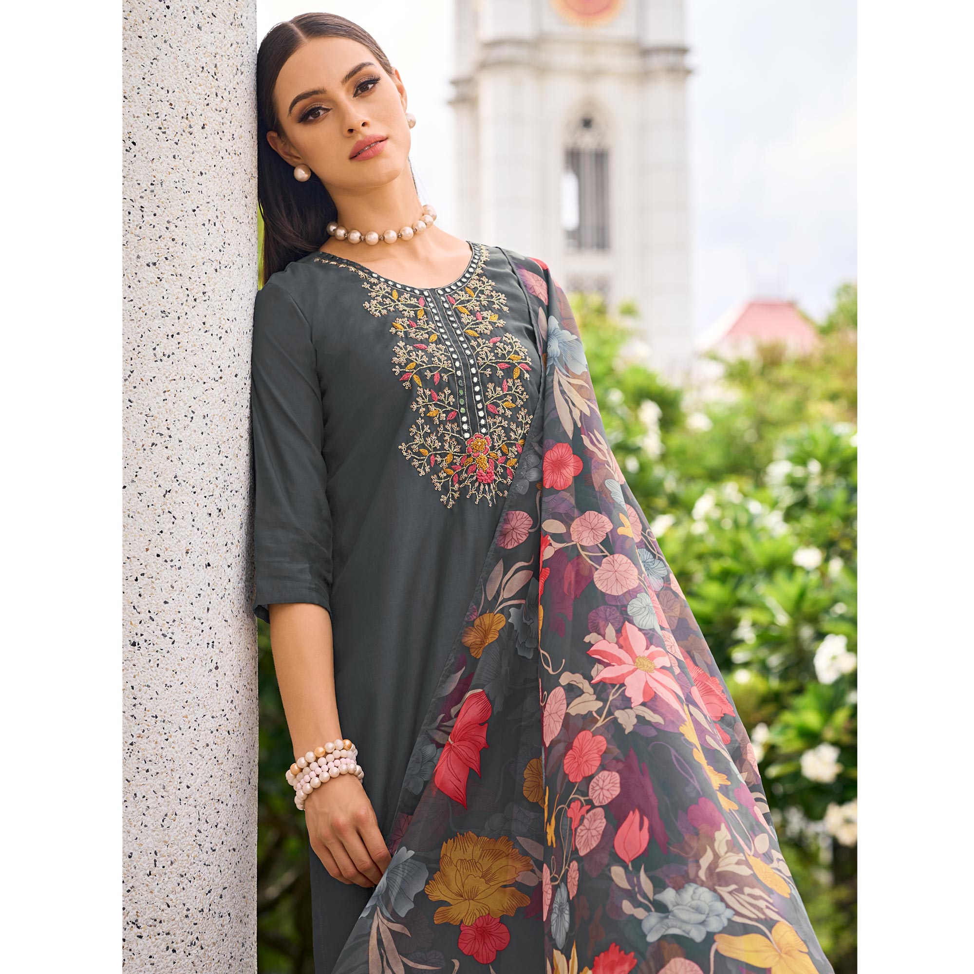 Grey Floral Embroidered Chanderi Silk Suit