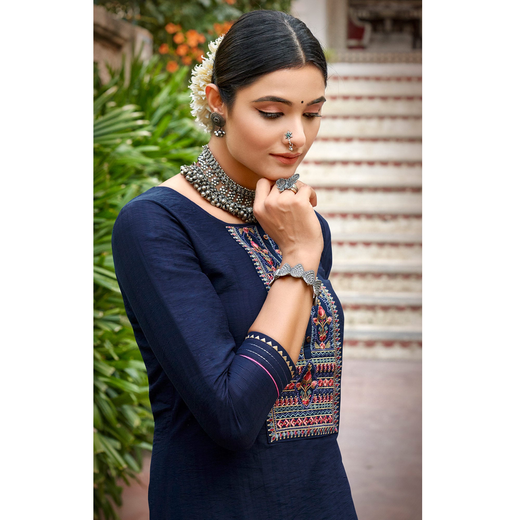 Blue Embroidered Viscose Kurti