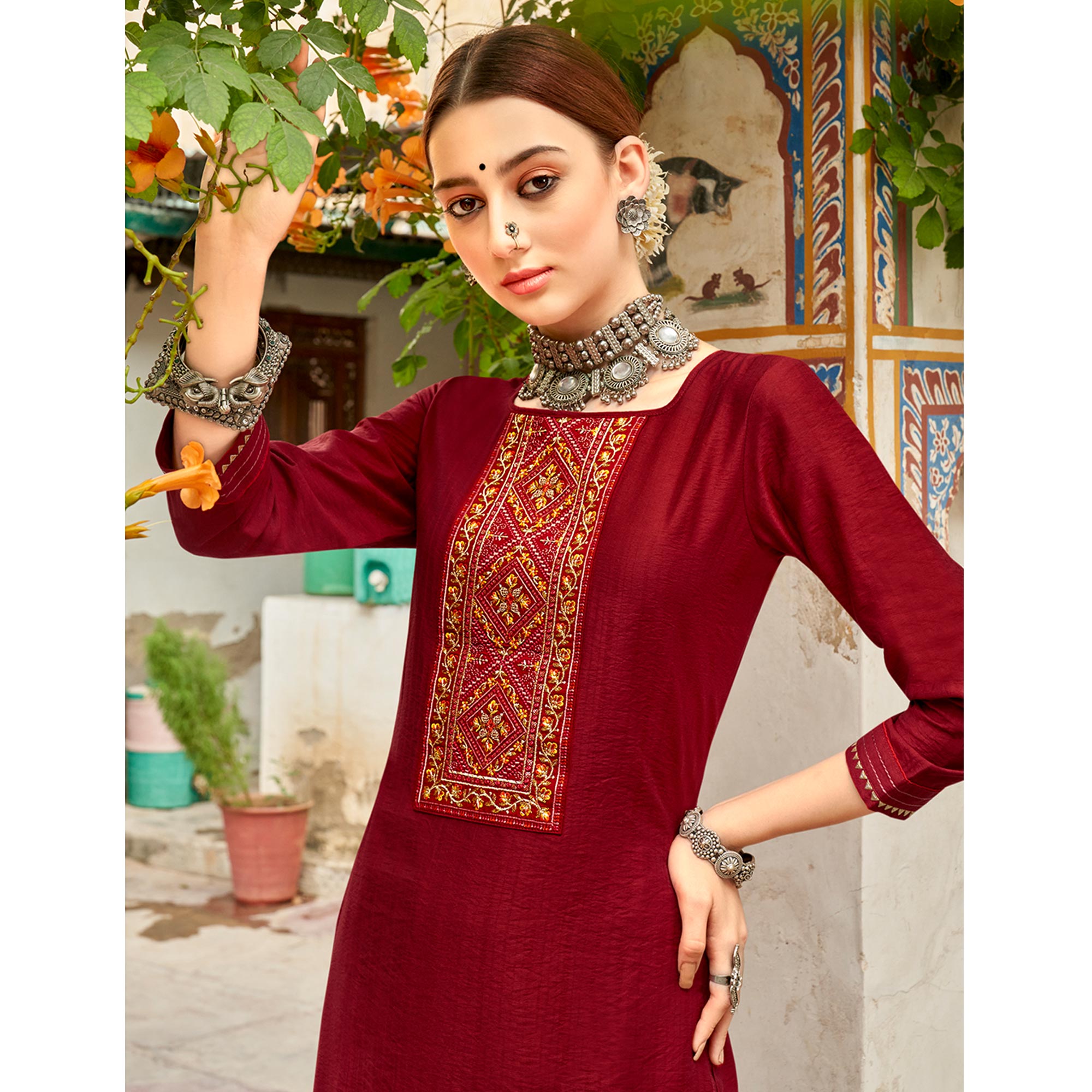 Dark Red Embroidered Viscose Kurti