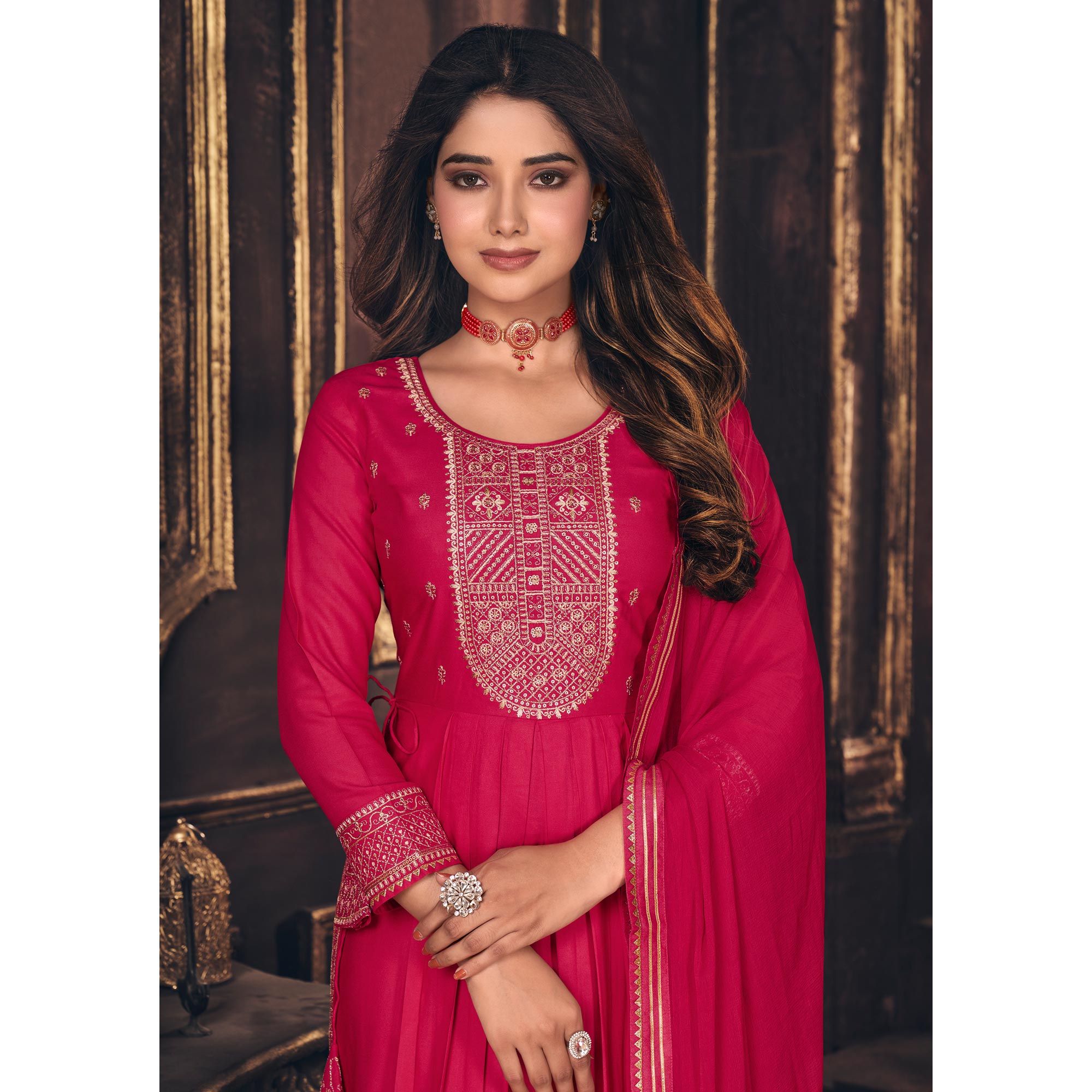 Pink Embroidered Cotton Silk Naira Cut Suit