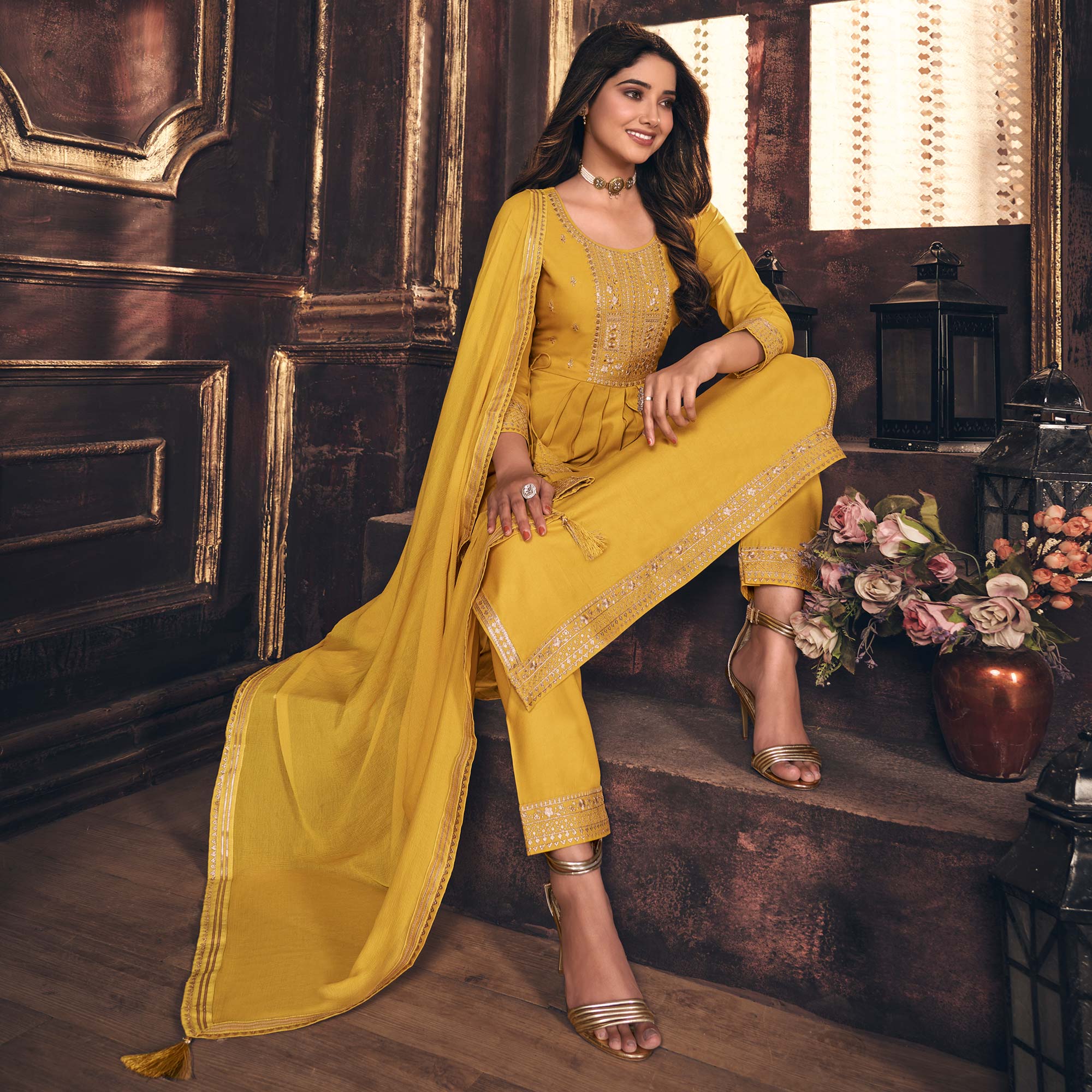 Yellow Embroidered Cotton Silk Naira Cut Suit