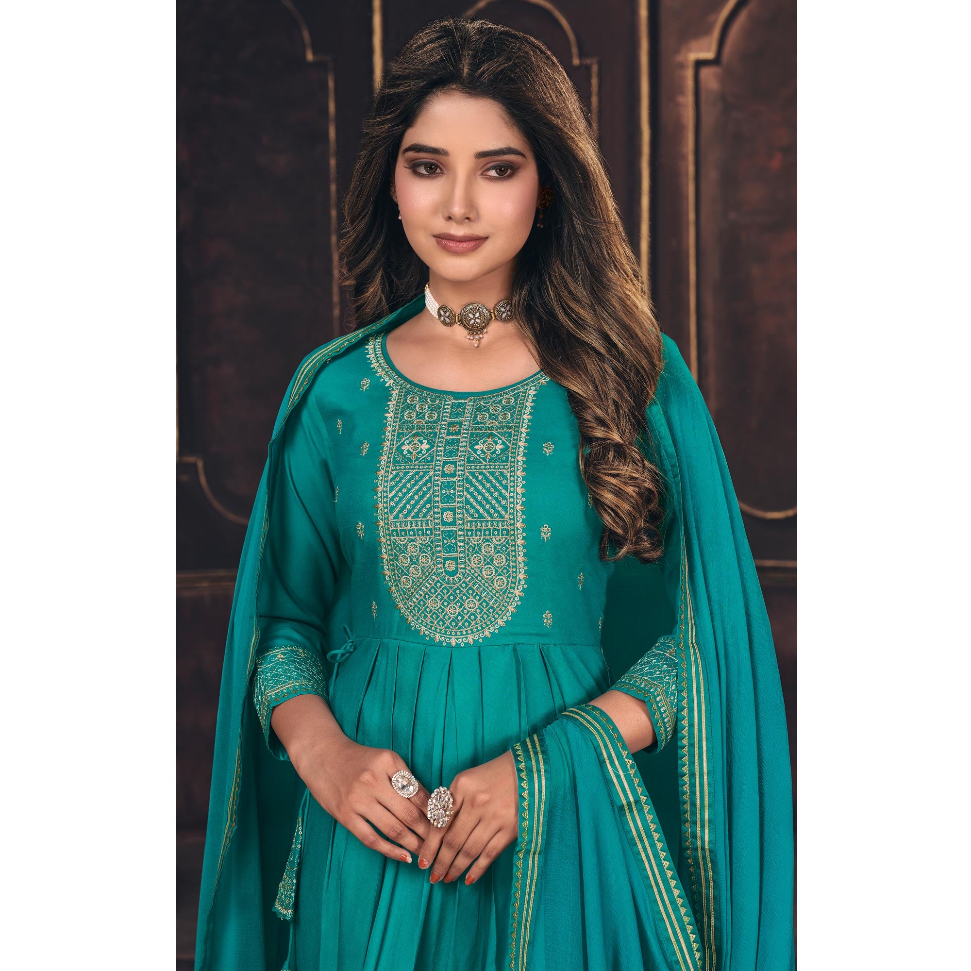 Turquoise Embroidered Cotton Silk Naira Cut Suit