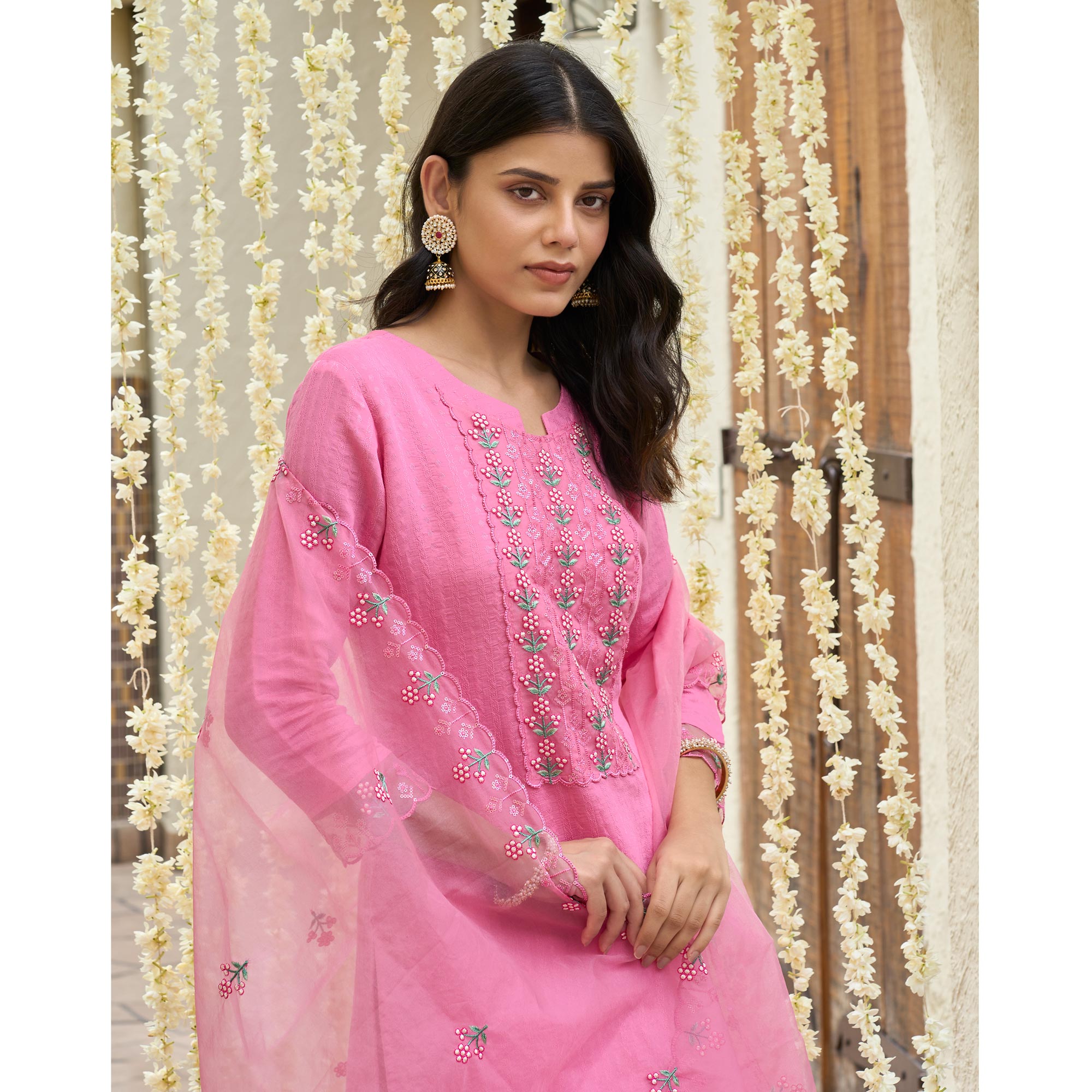 Pink Floral Embroidered Rayon Salwar Suit