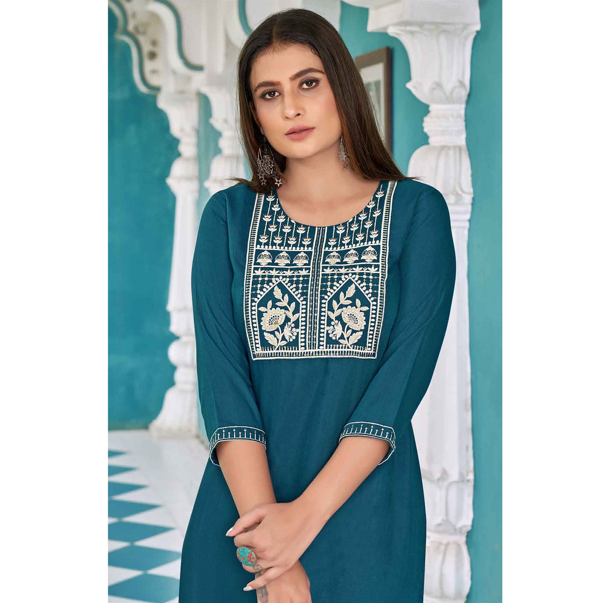 Blue Floral Embroidered Rayon Kurti