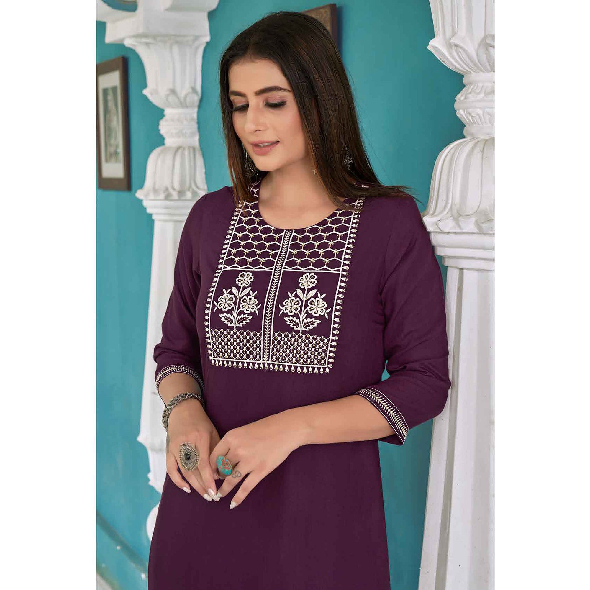 Wine Floral Embroidered Rayon Kurti