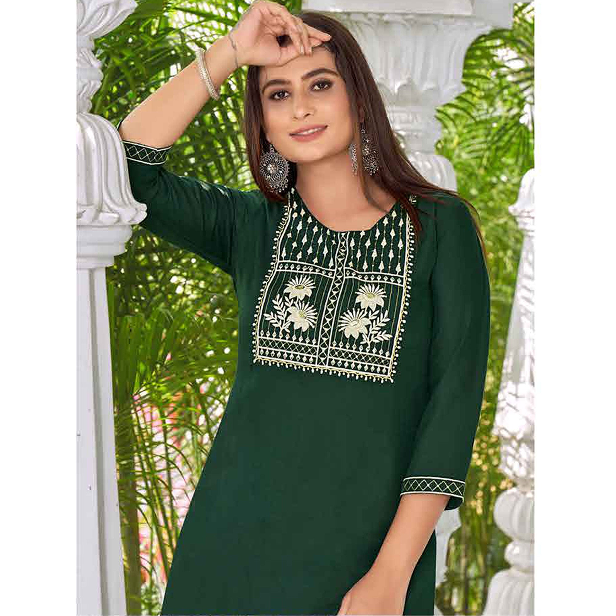 Green Floral Embroidered Rayon Kurti