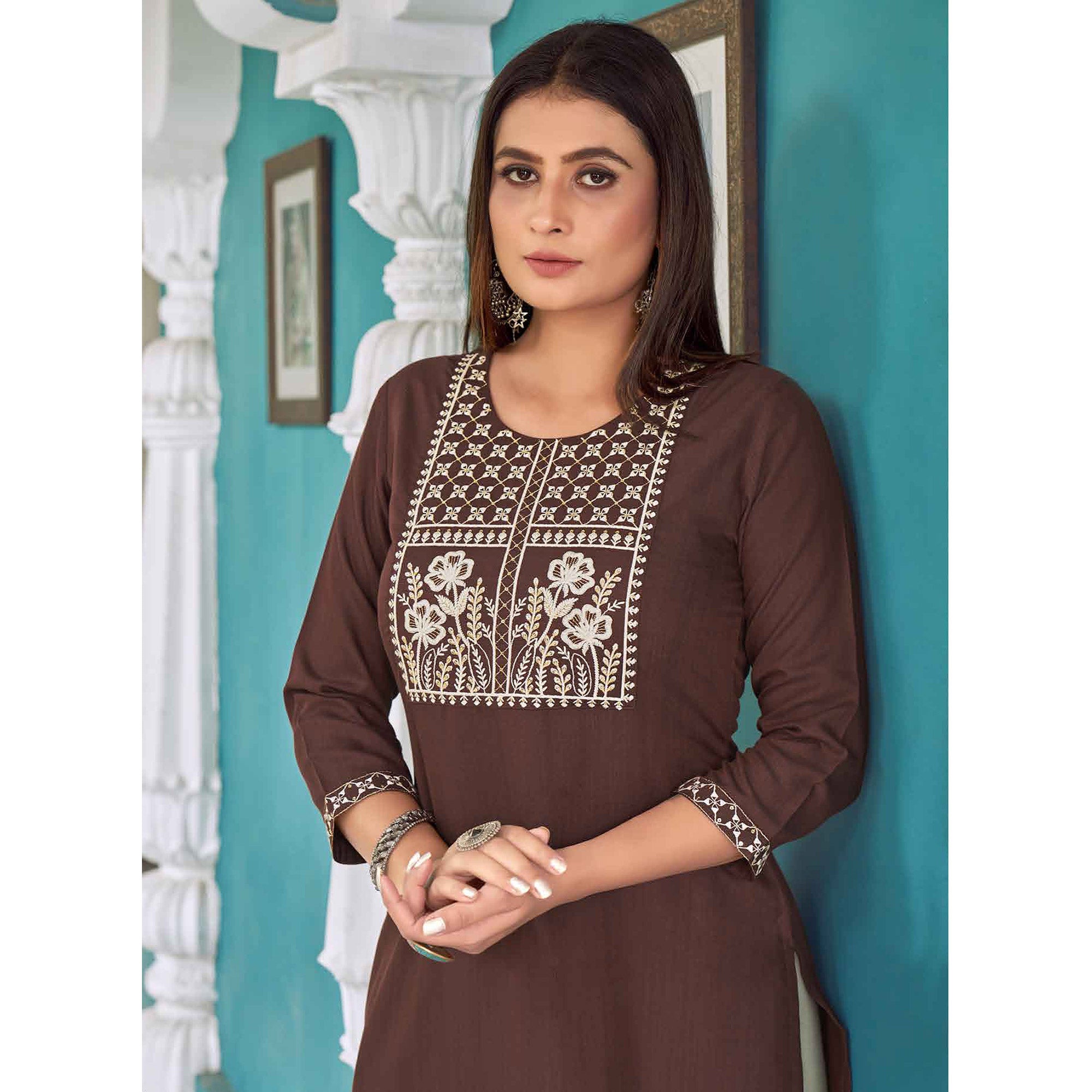 Brown Floral Embroidered Rayon Kurti