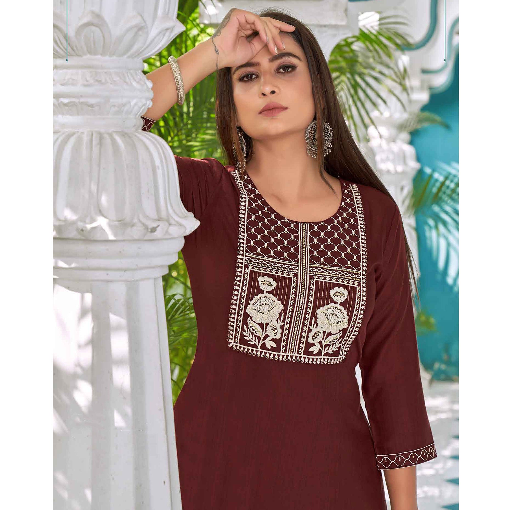 Rust Floral Embroidered Rayon Kurti