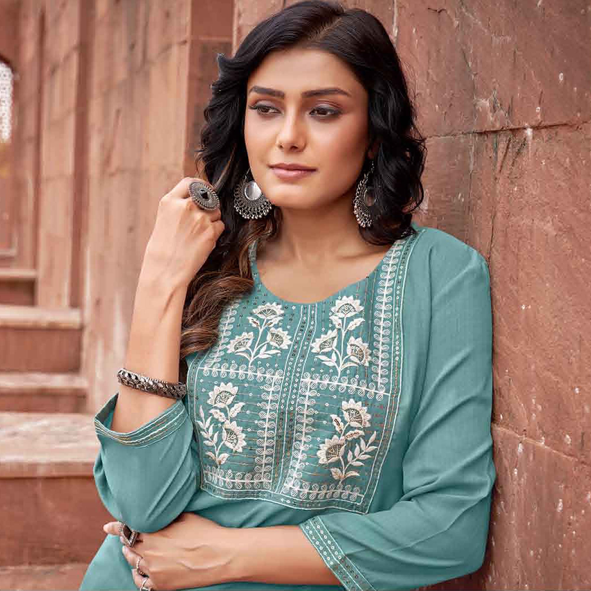 Blue Floral Embroidered Rayon Kurti