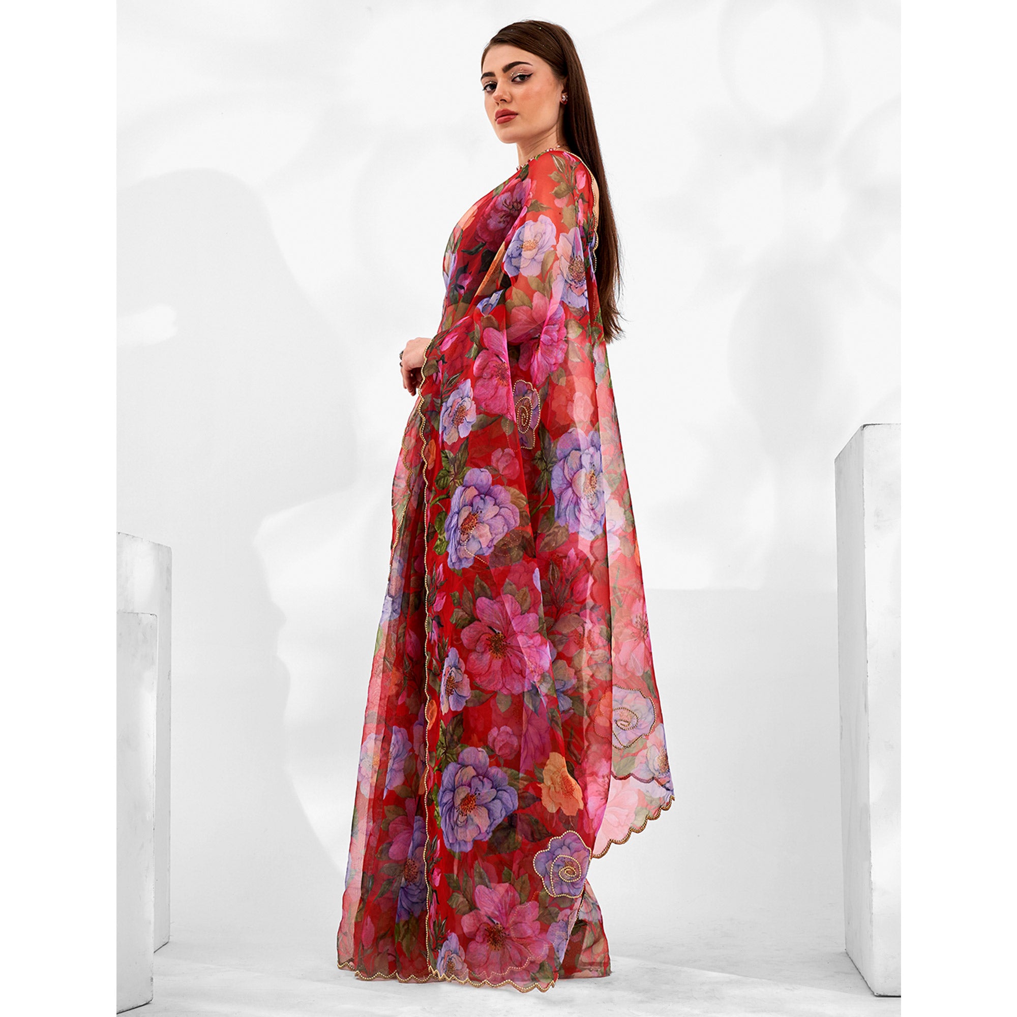 Red Floral Printed Khatli Work Organza Saree
