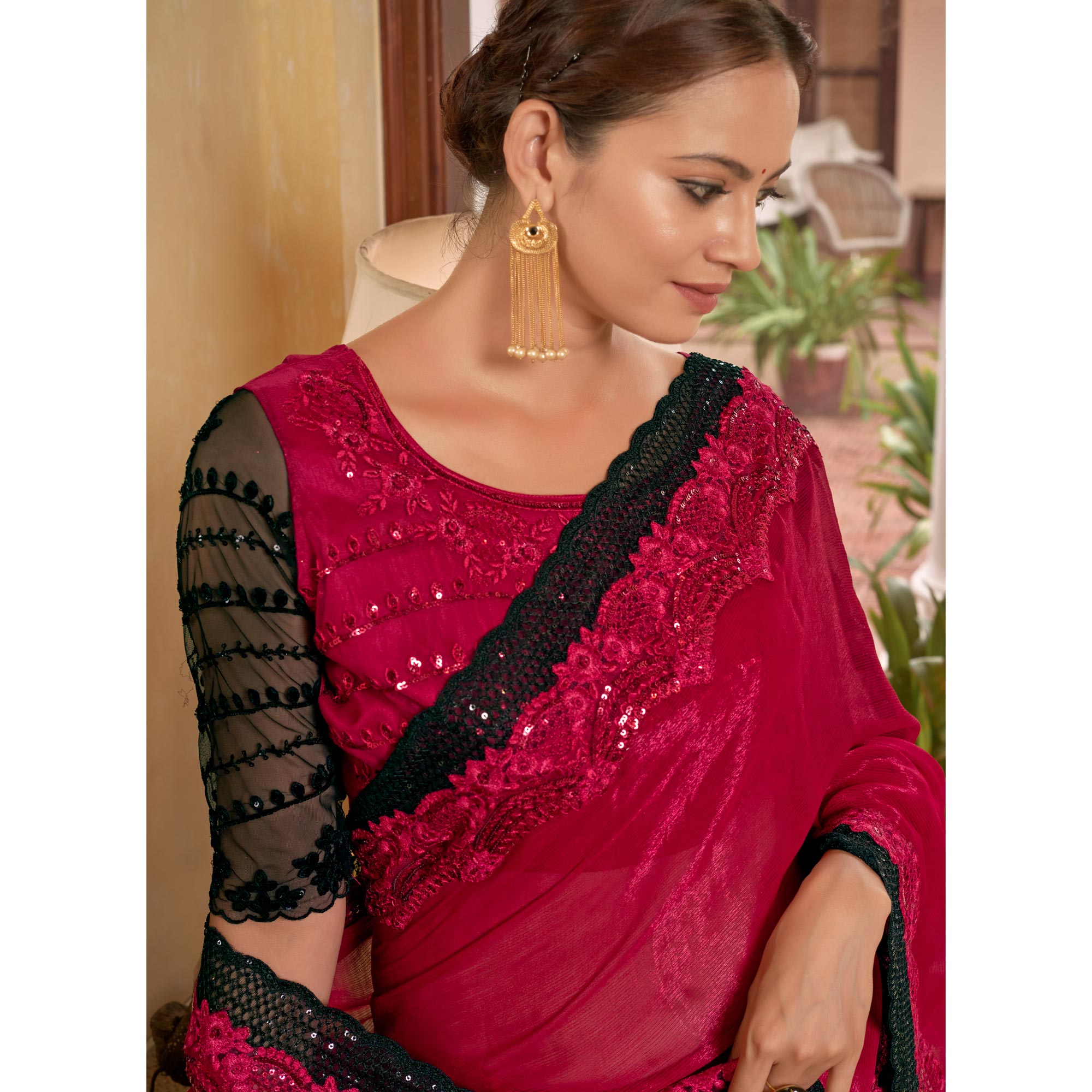 Rani Pink Sequins With Embroidered Chiffon Saree