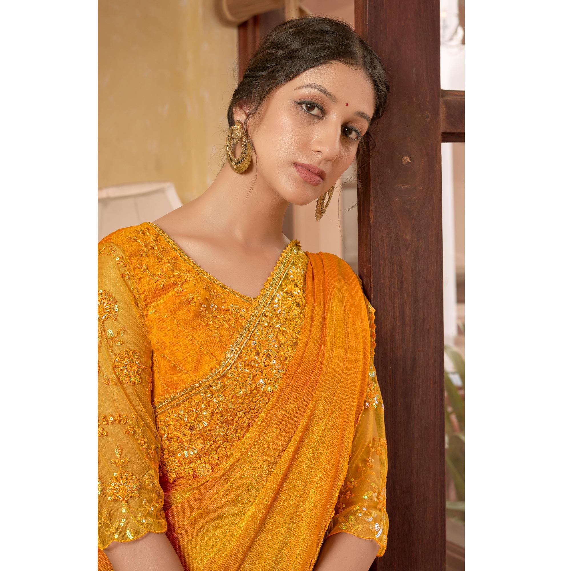 Yellow Sequins With Embroidered Chiffon Saree