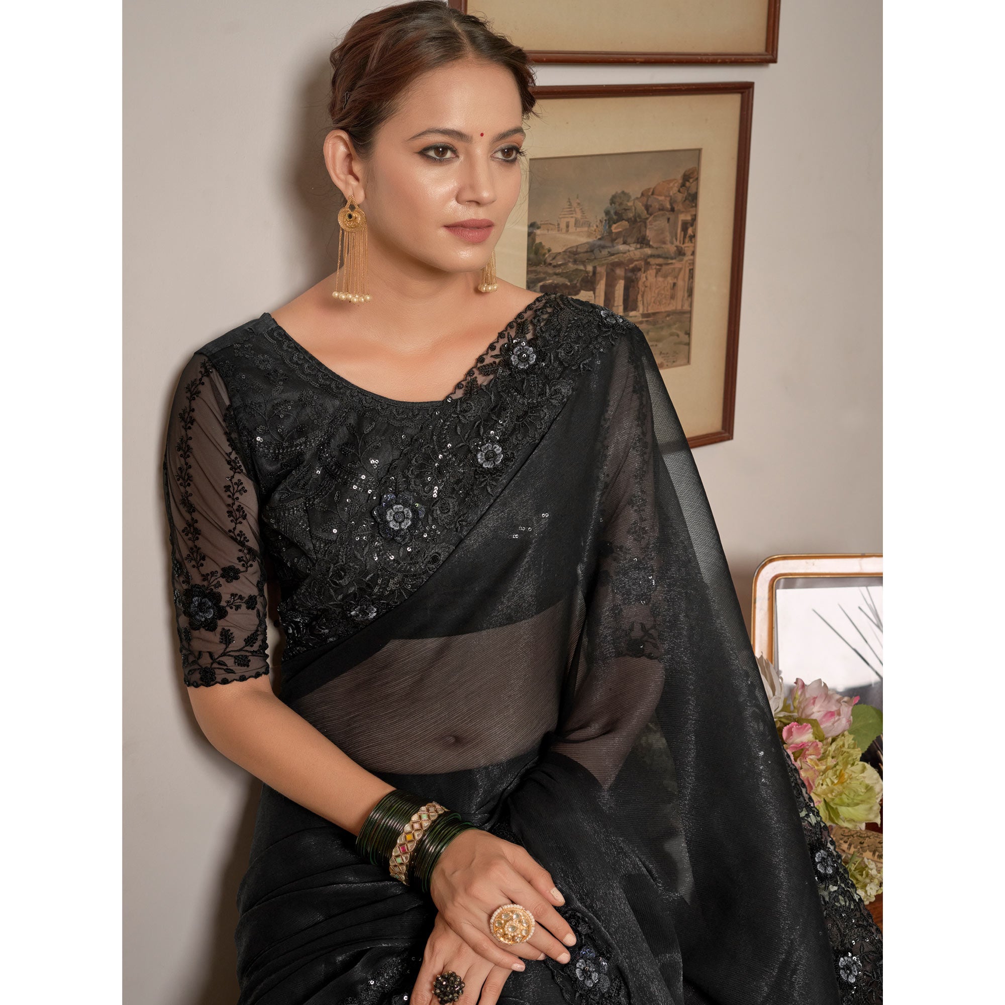 Black Sequins With Embroidered Chiffon Saree