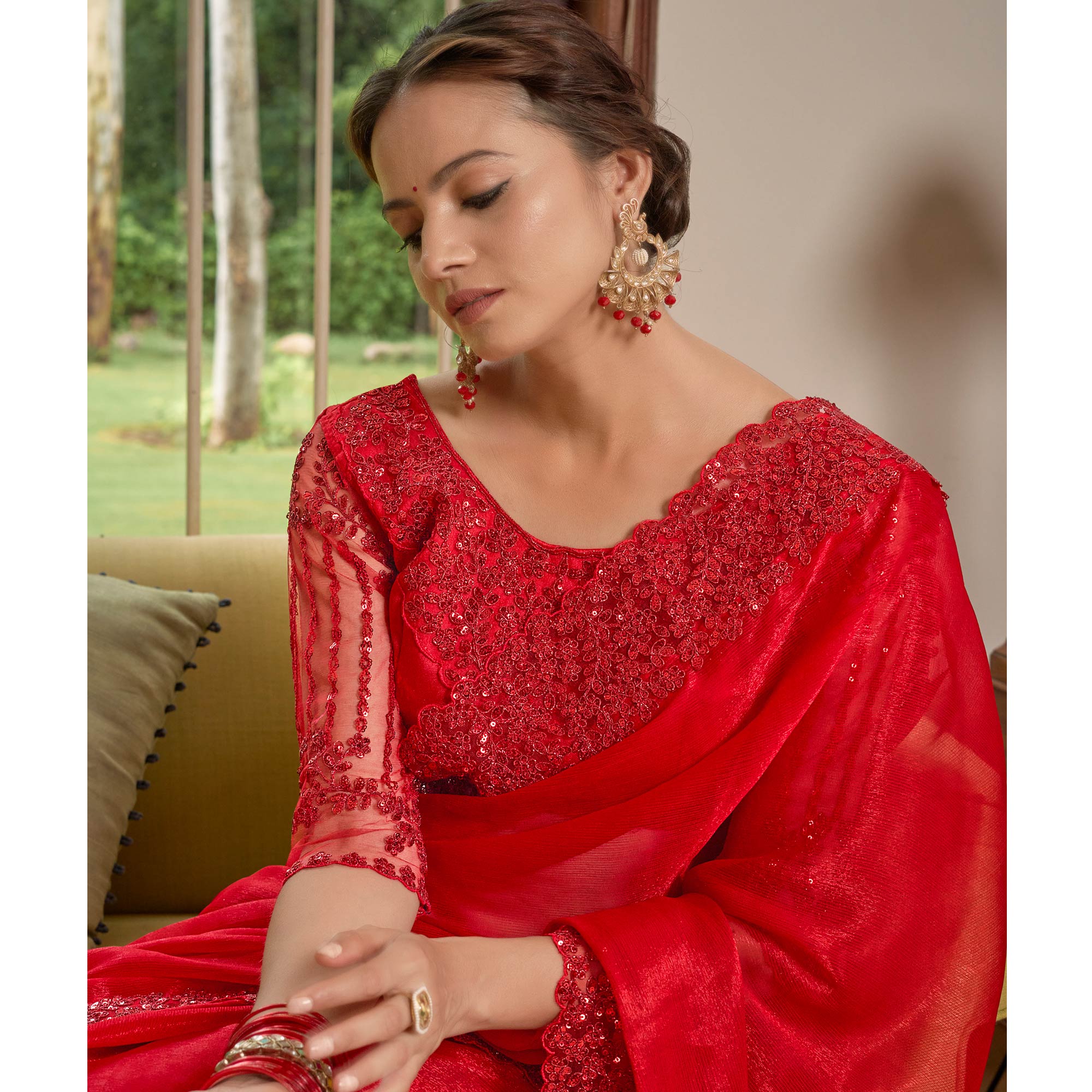 Red Sequins With Embroidered Chiffon Saree