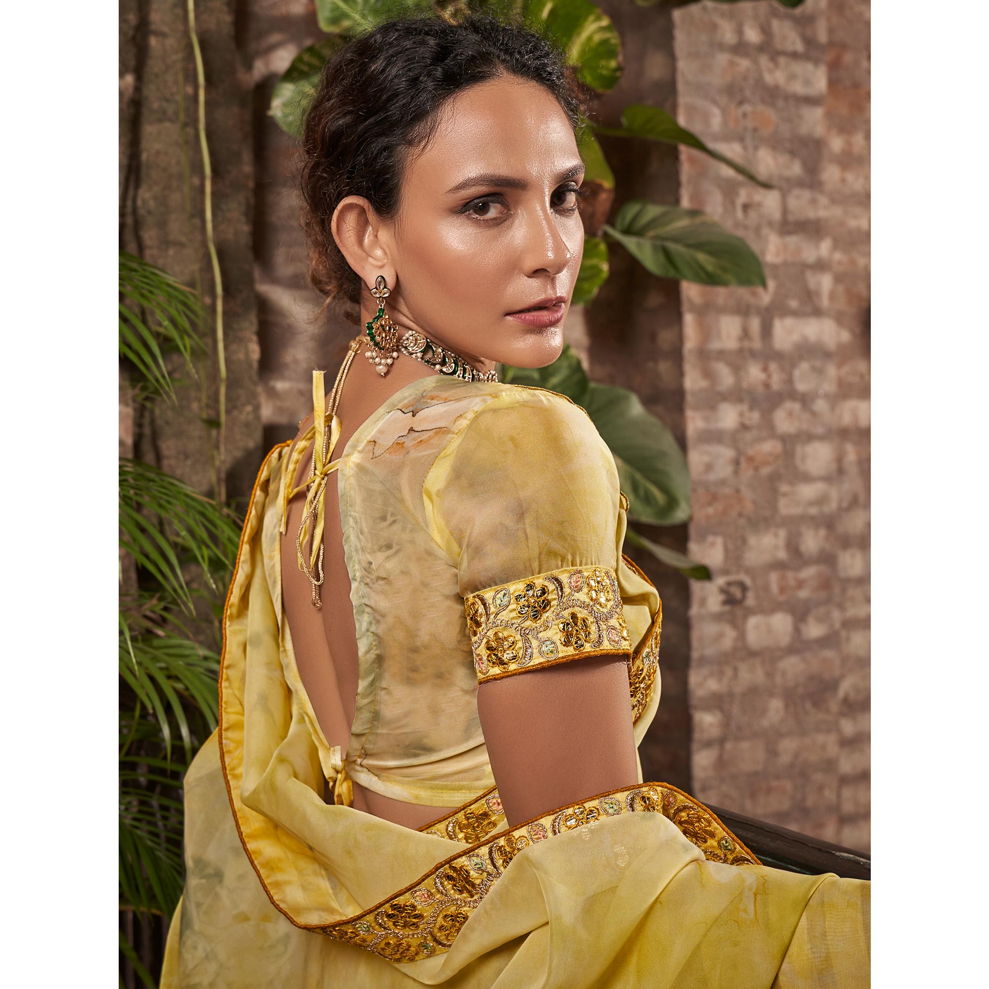 Yellow Abstract Printed With Embroidered Organza Saree