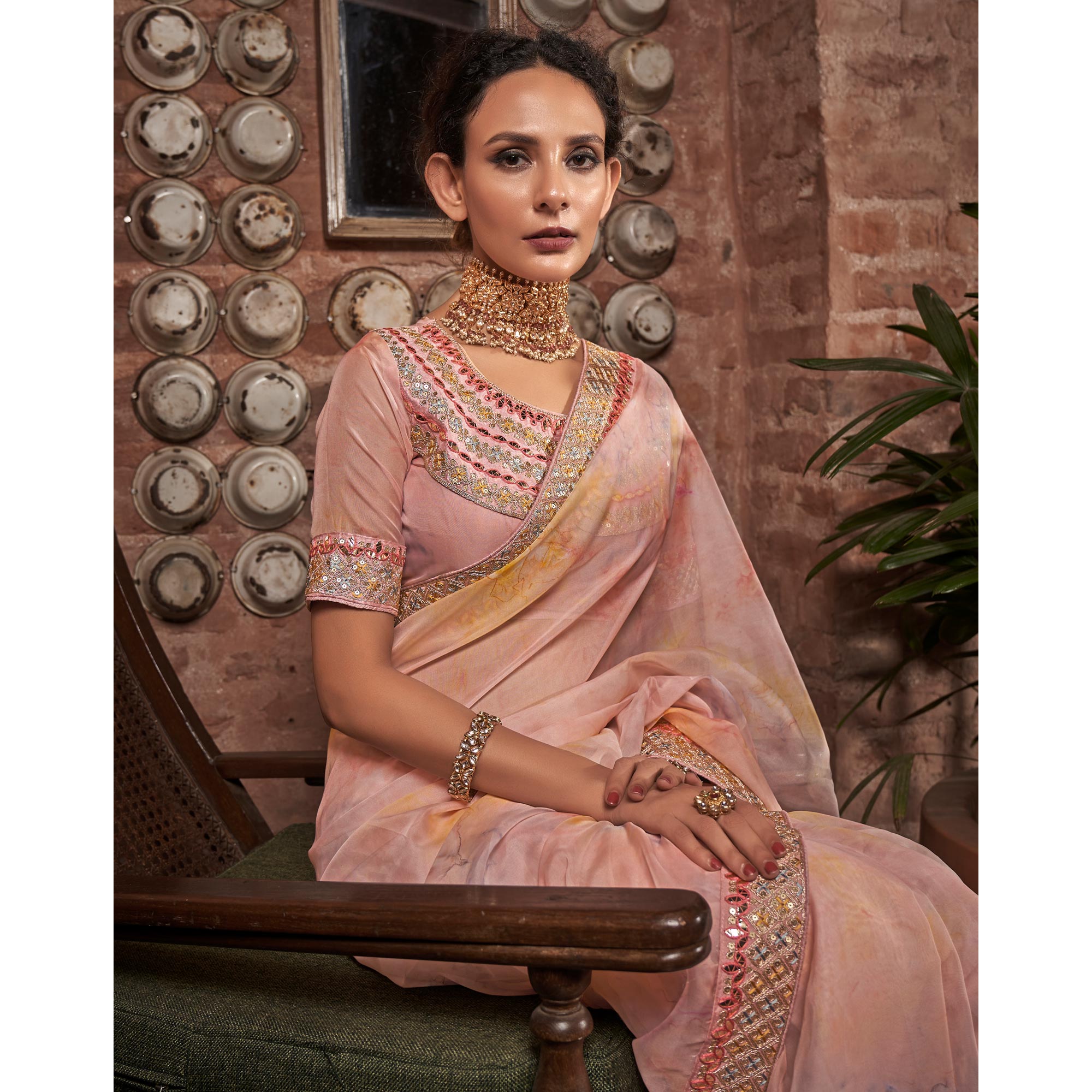 Peach Abstract Printed With Embroidered Organza Saree
