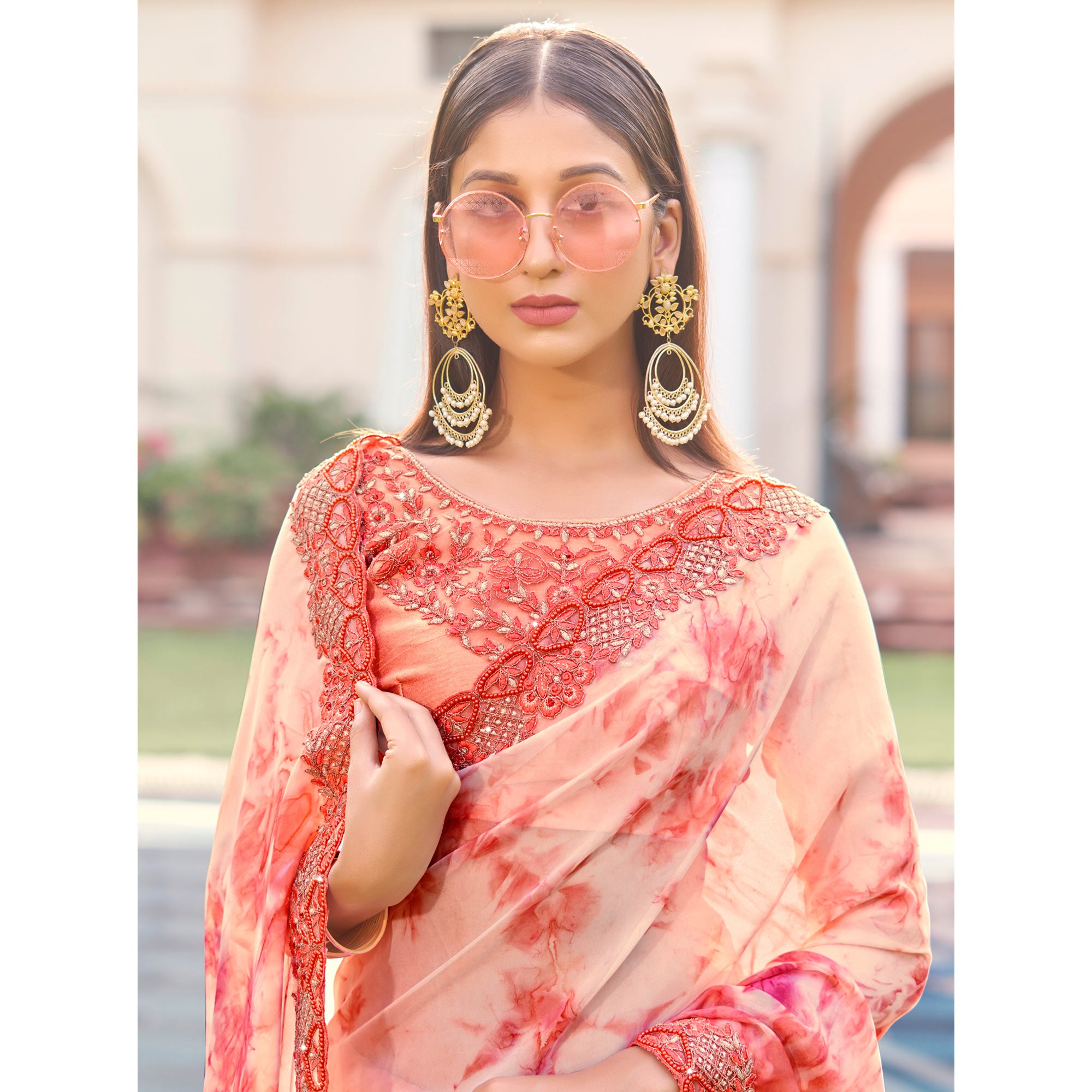 Peach Abstract Printed With Embroidered Organza Saree