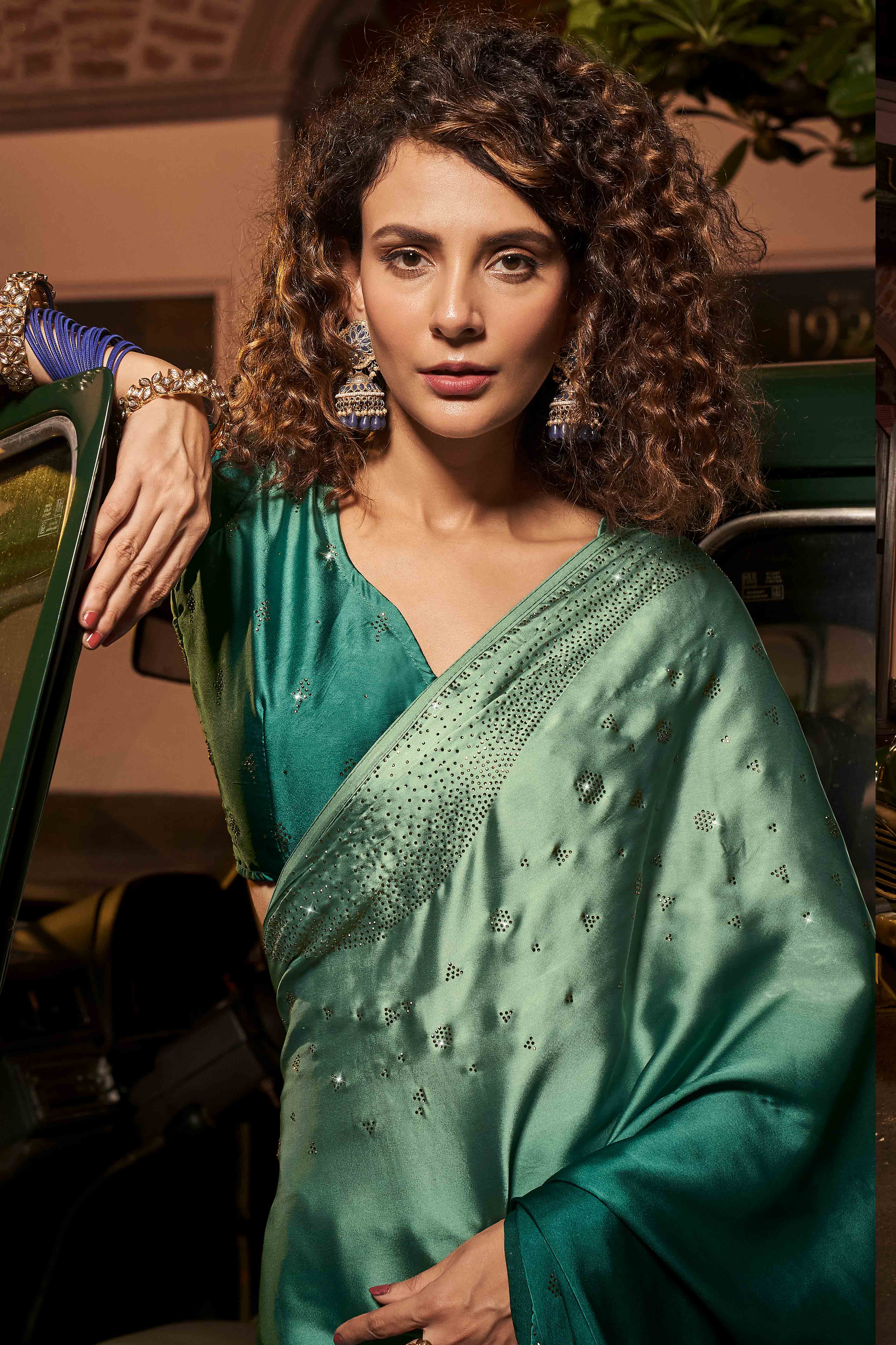 Green Swarovski Work Embroidered Ombre Satin Saree