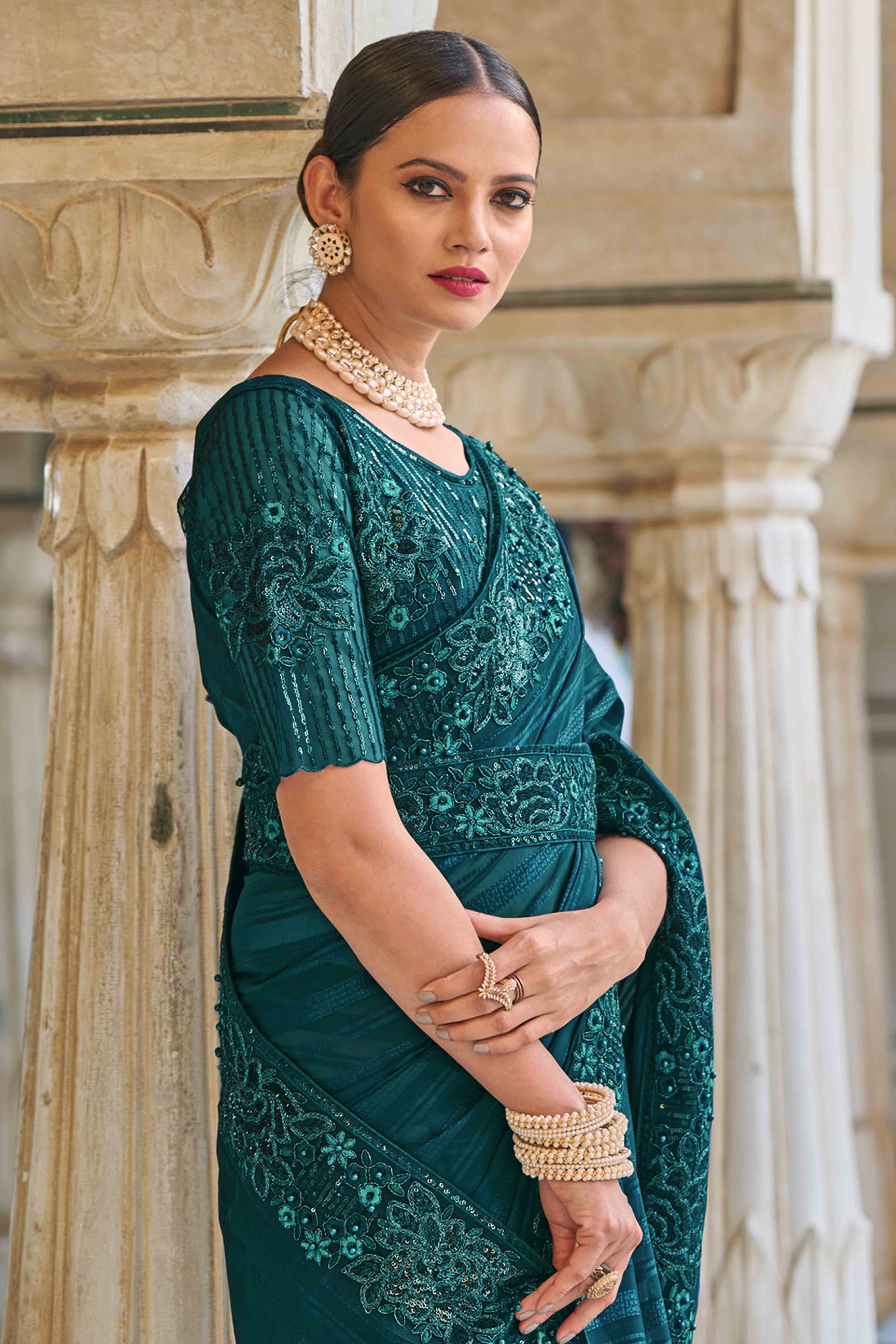 Morpich Green Sequins Embroidered Georgette Saree