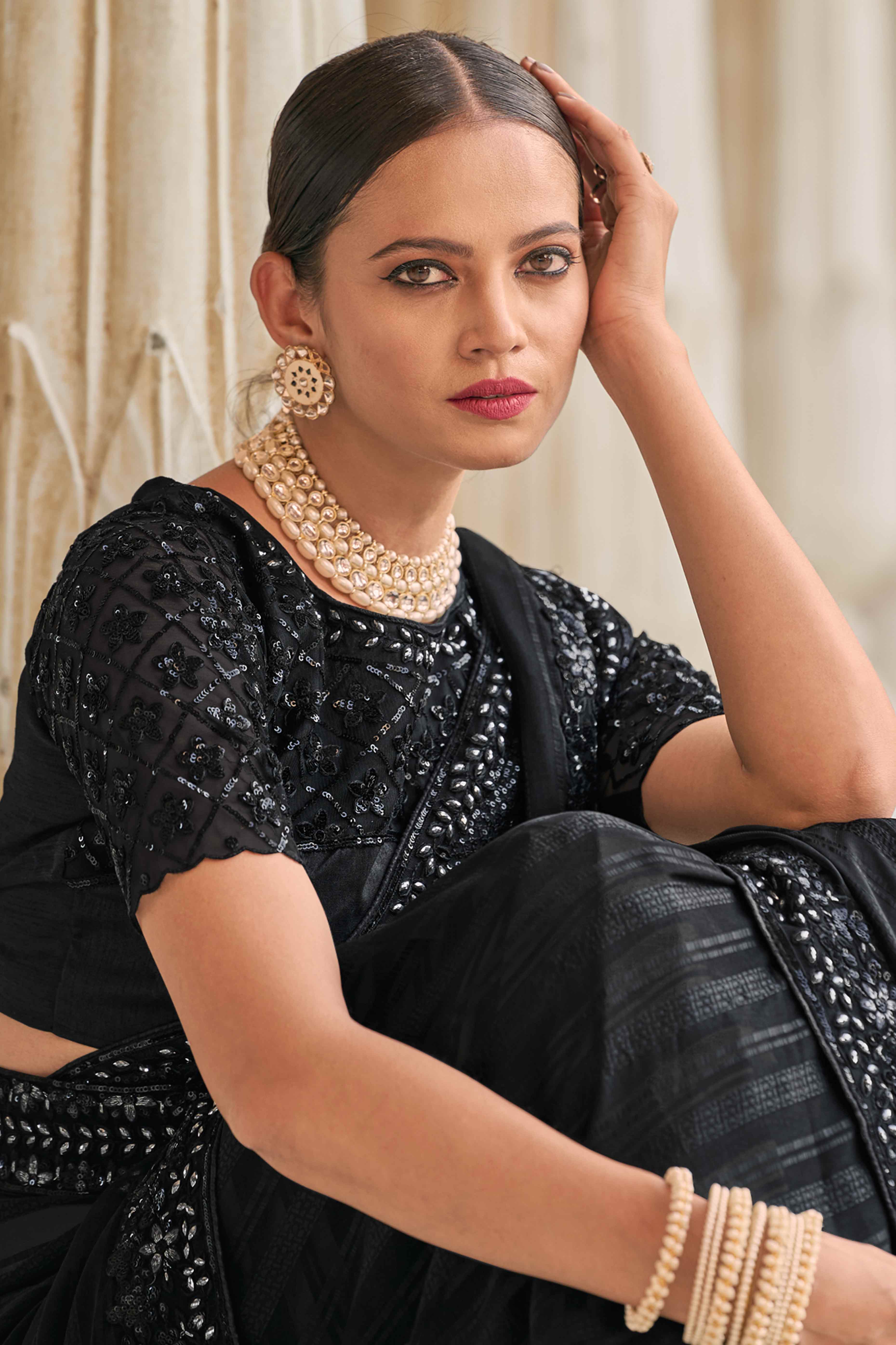 Black Sequins Embroidered Georgette Saree