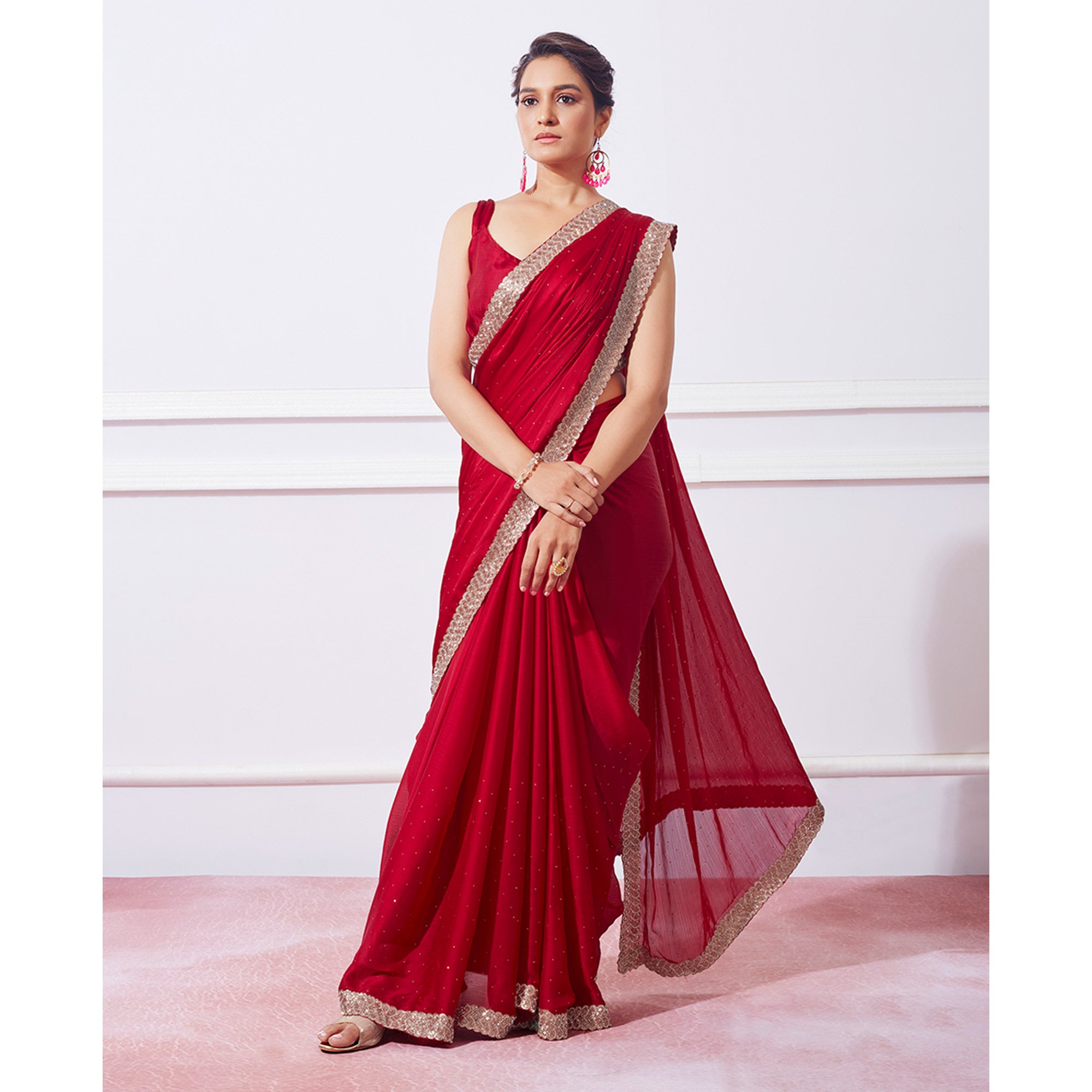 Red Embroidered Swaroski Work Satin Saree