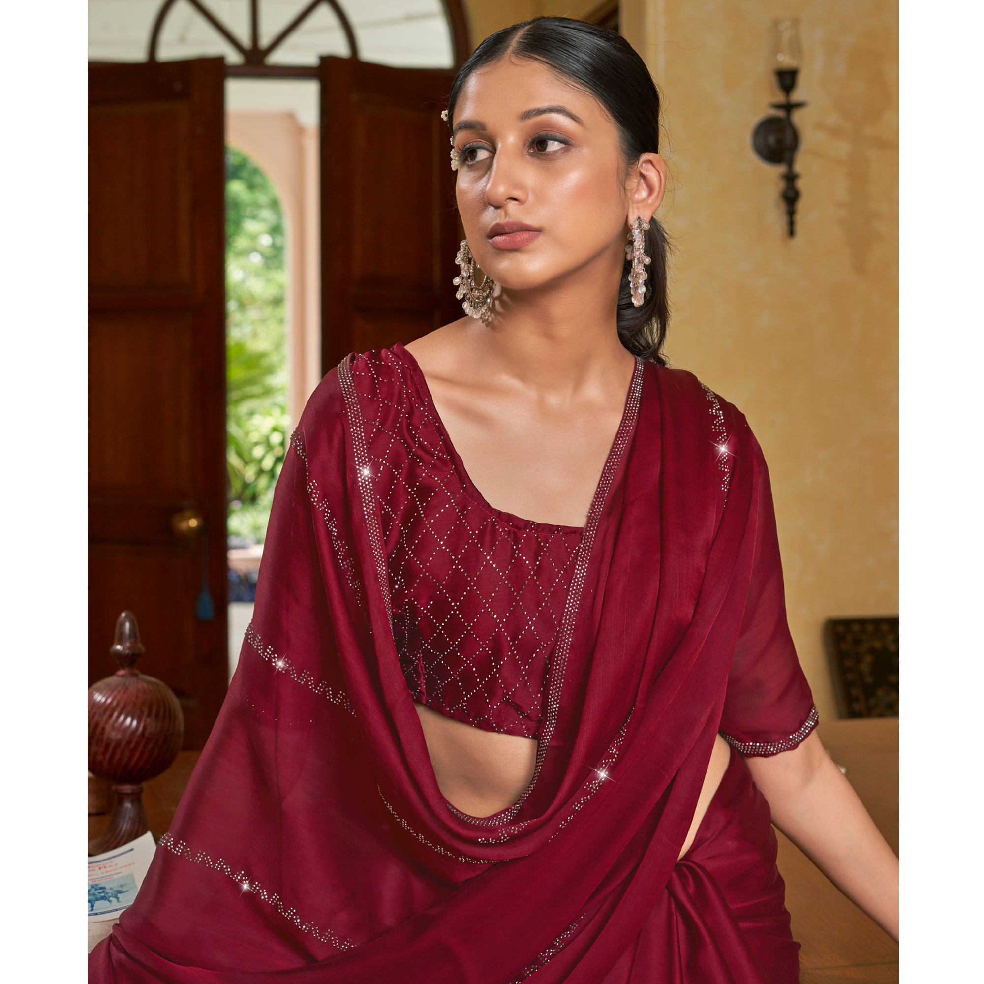 Maroon Swarovski Work Georgette Saree