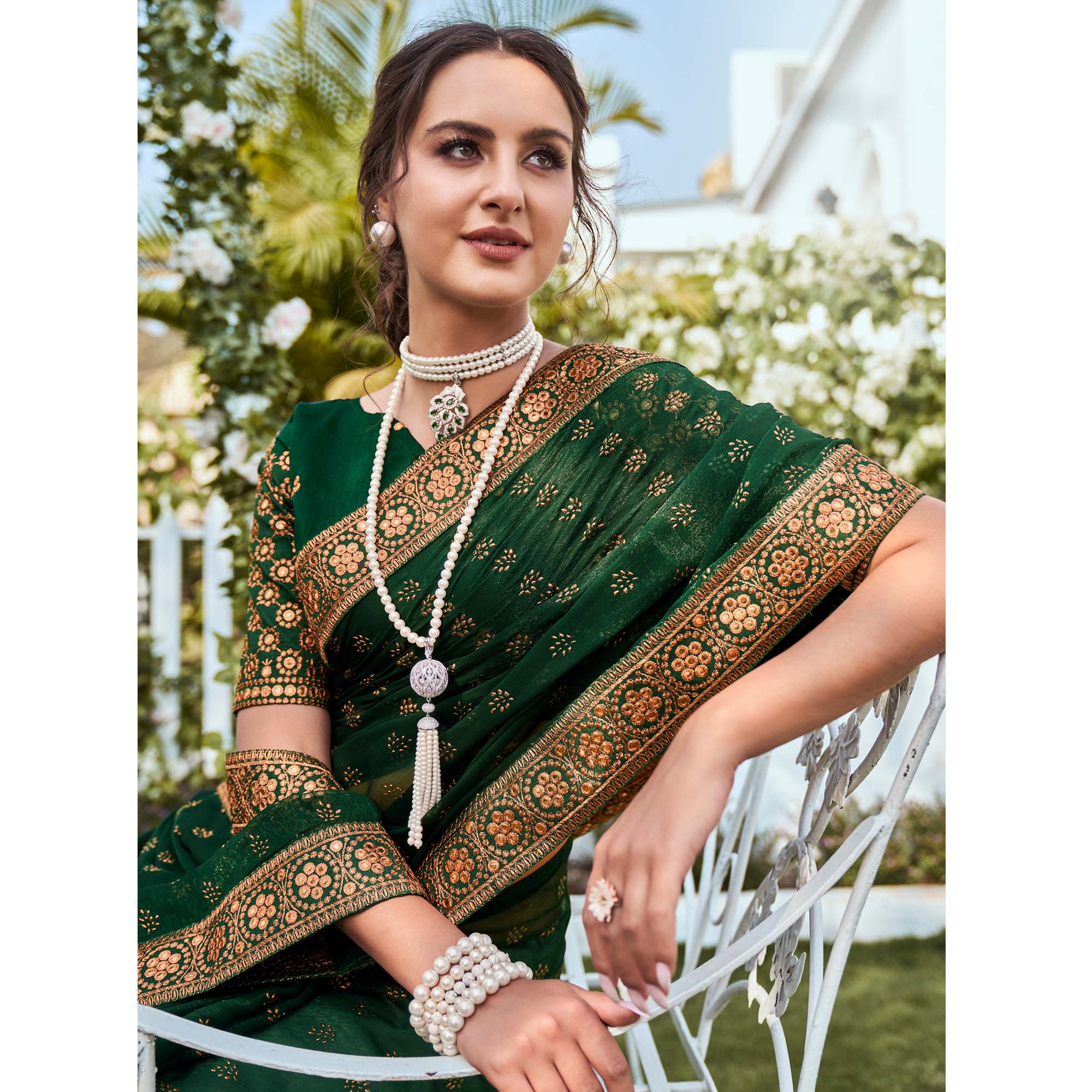Green Foil Printed Georgette Saree With Embroidered Border