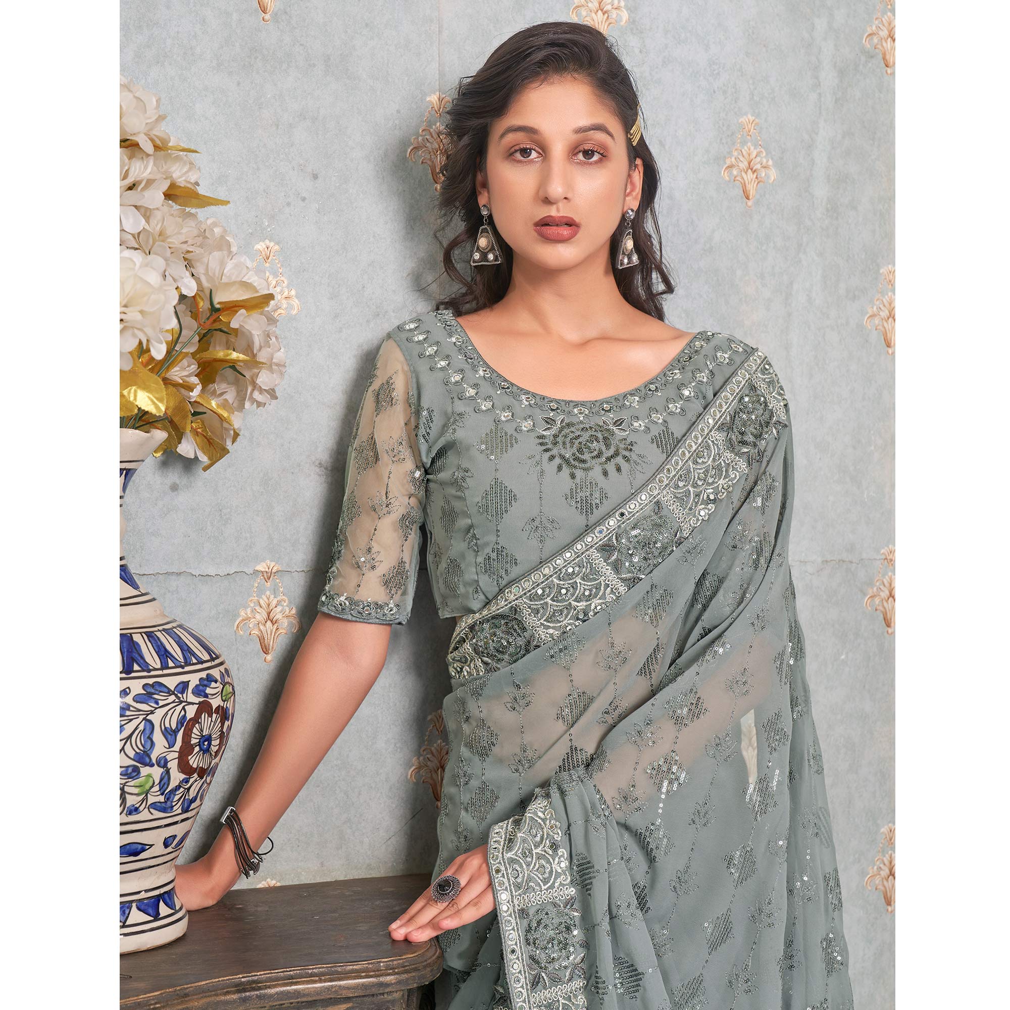 Grey Sequins Embroidered Georgette Saree