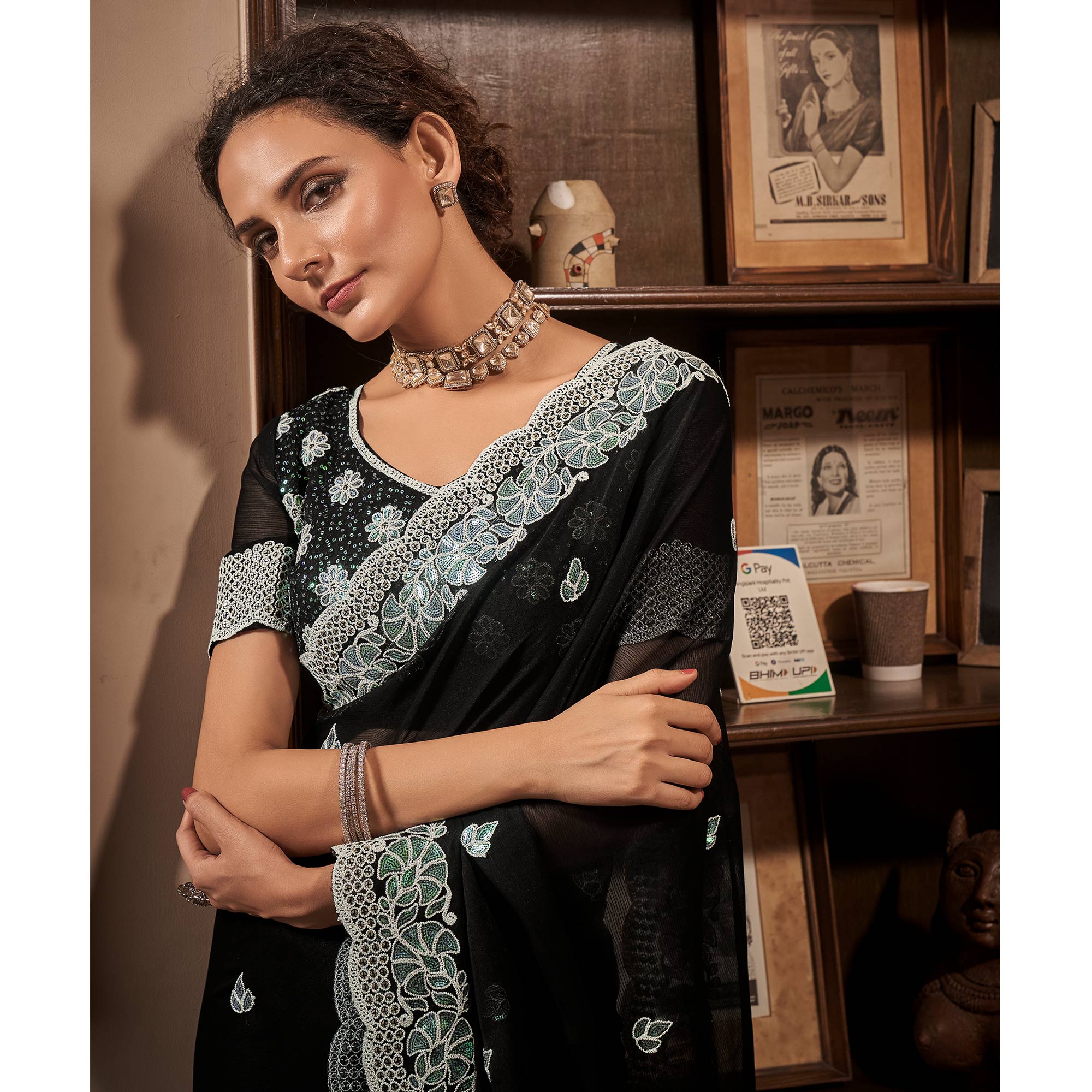 Black Sequins With Embroidered Chiffon Saree