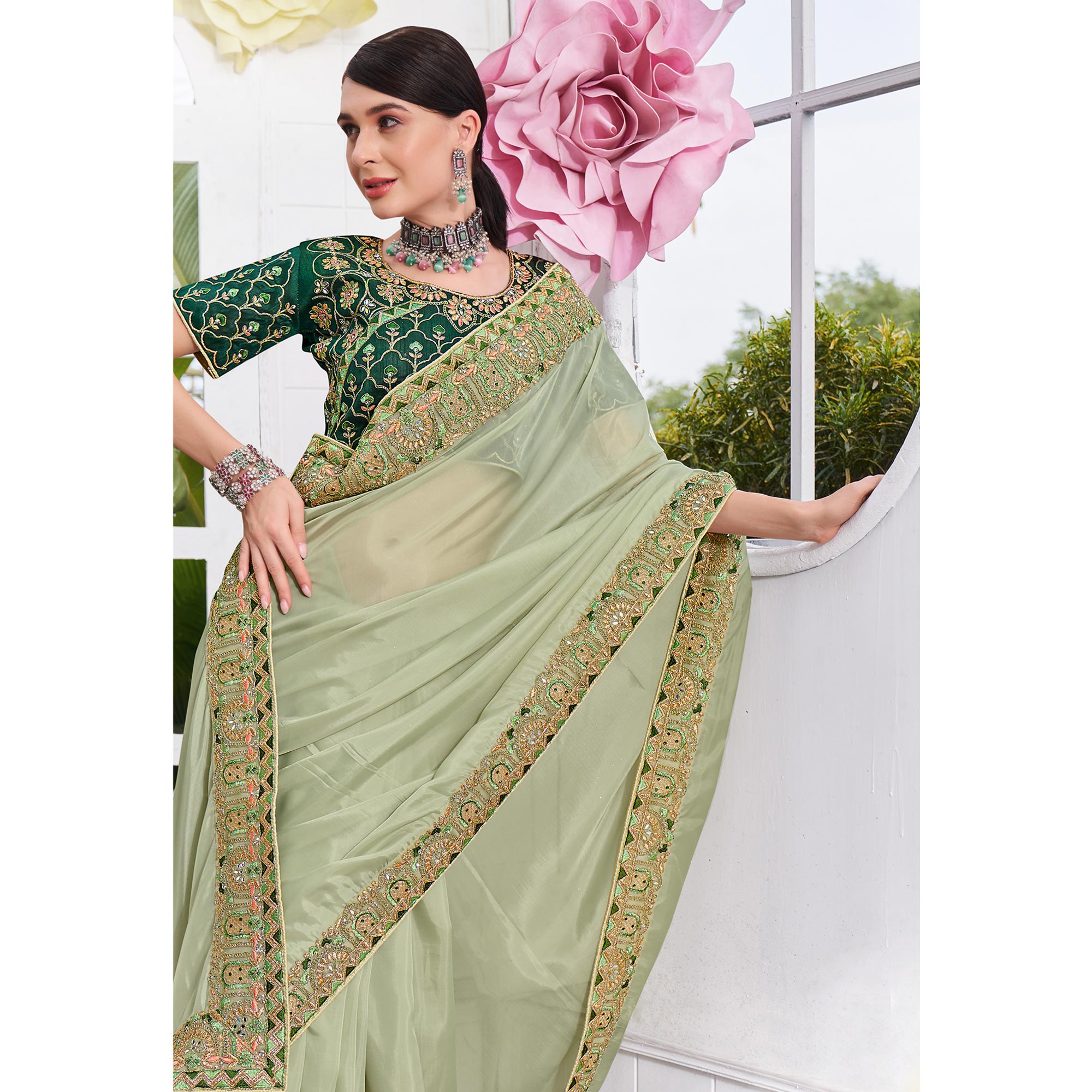 Green Solid With Embroidered Border Organza Saree