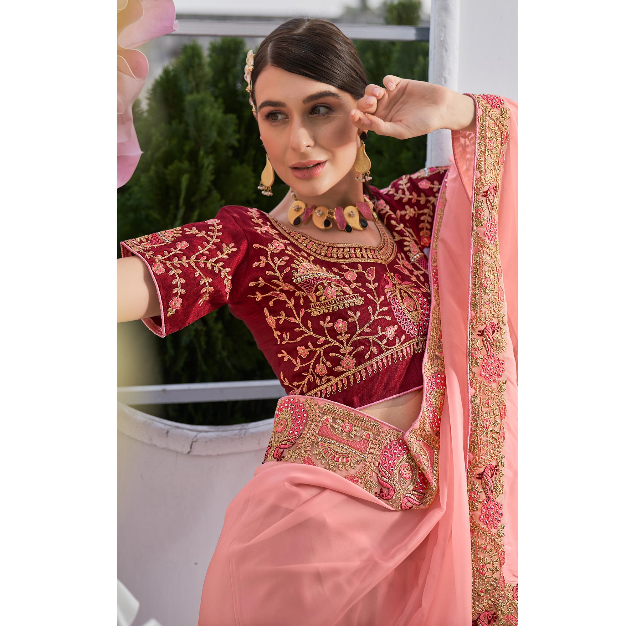 Peach Solid With Embroidered Border Organza Saree