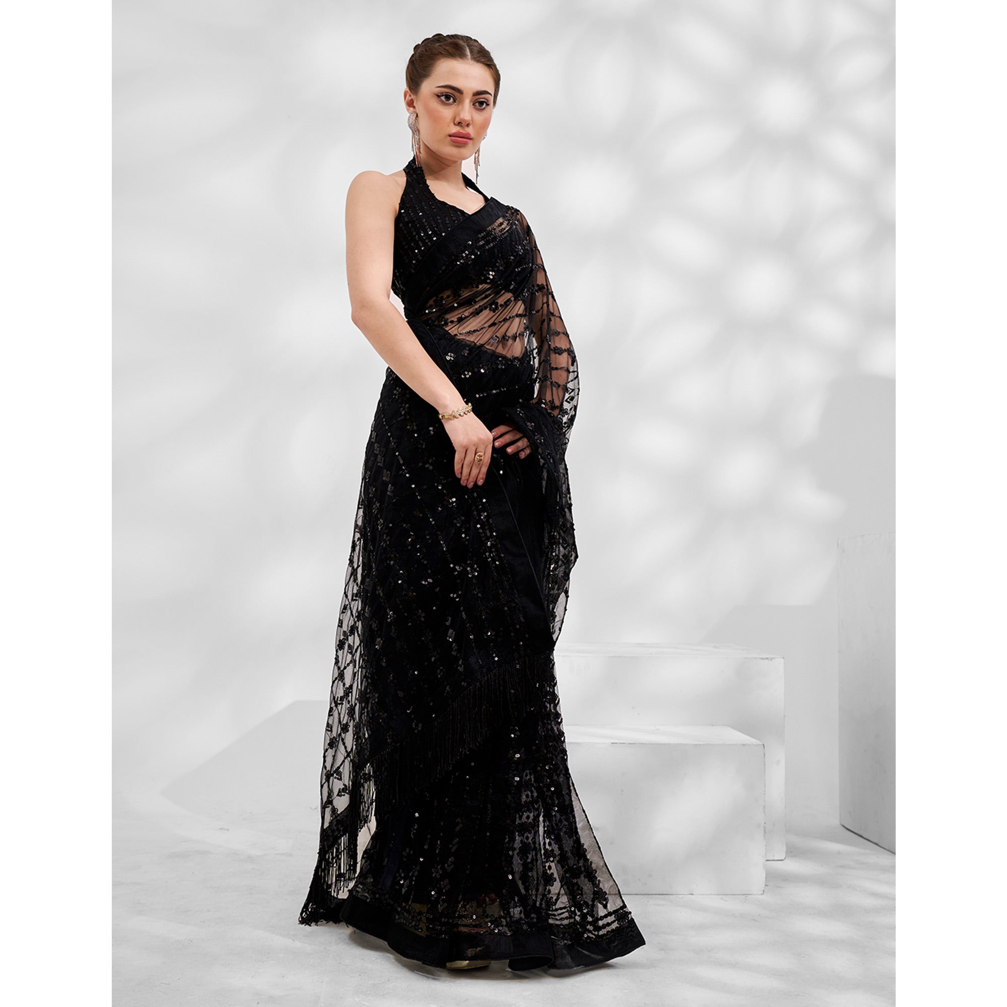 Black Embroiderd Sequinned Net Saree