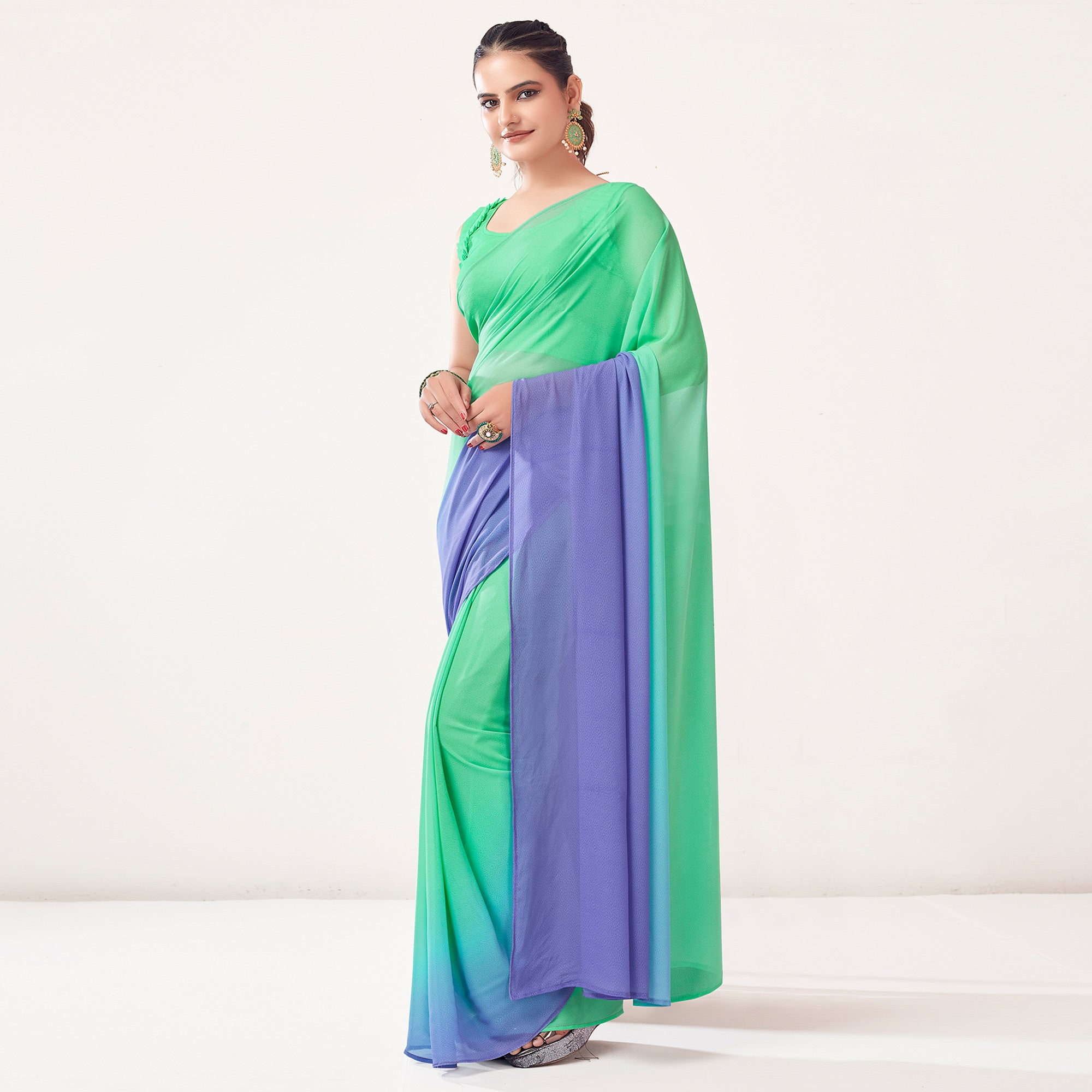 Mint Green & Lavender Printed Georgette Saree