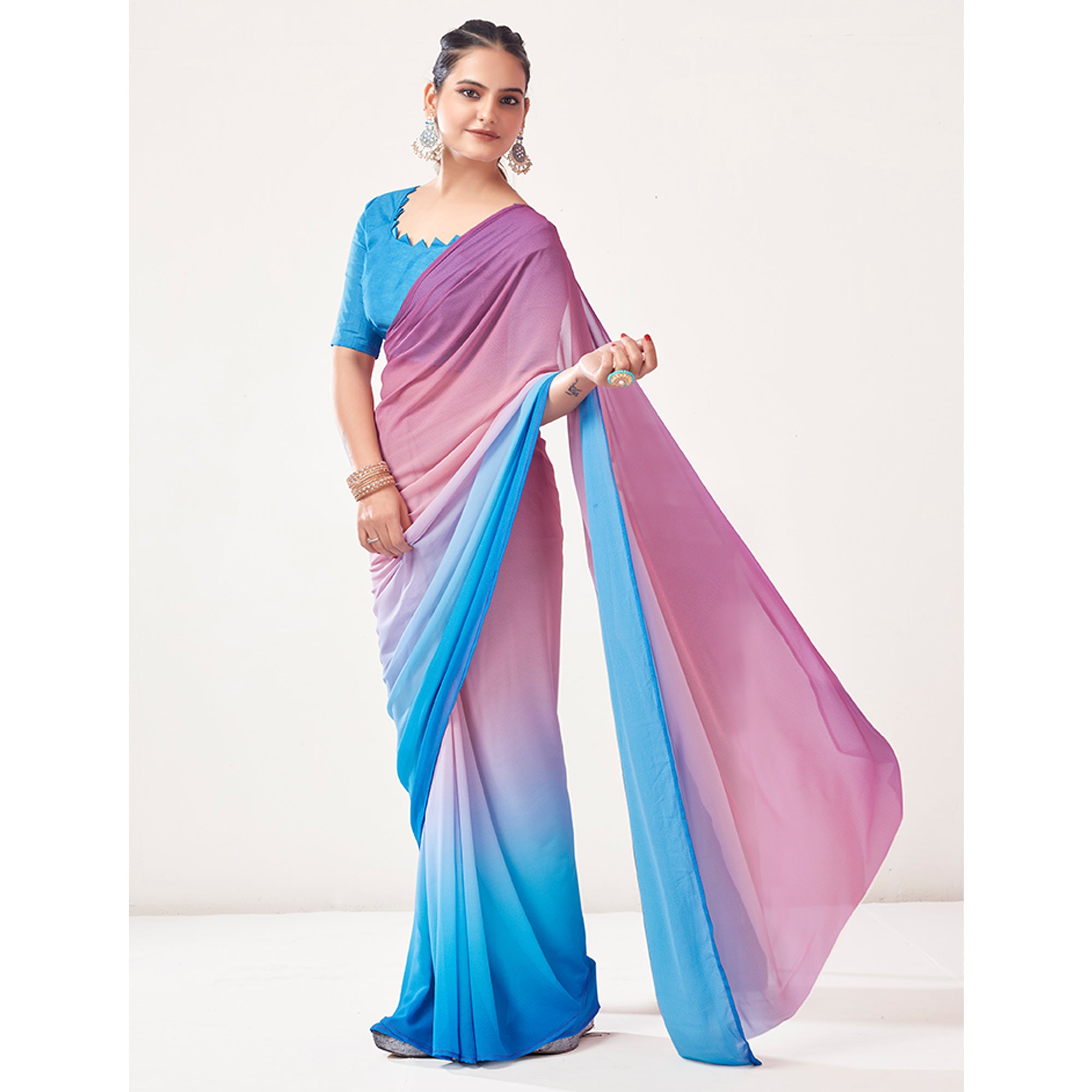 Pink & Blue Printed Georgette Saree