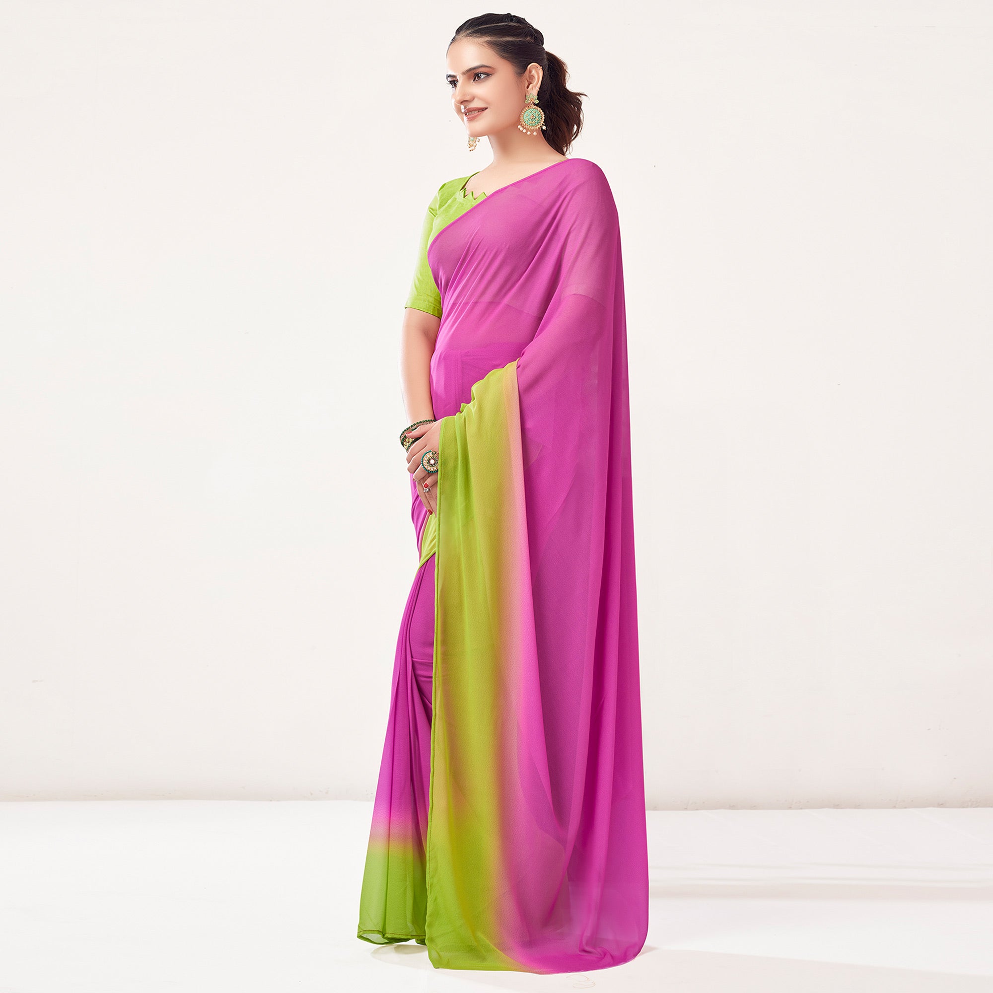 Pink & Neon Green Printed Georgette Saree