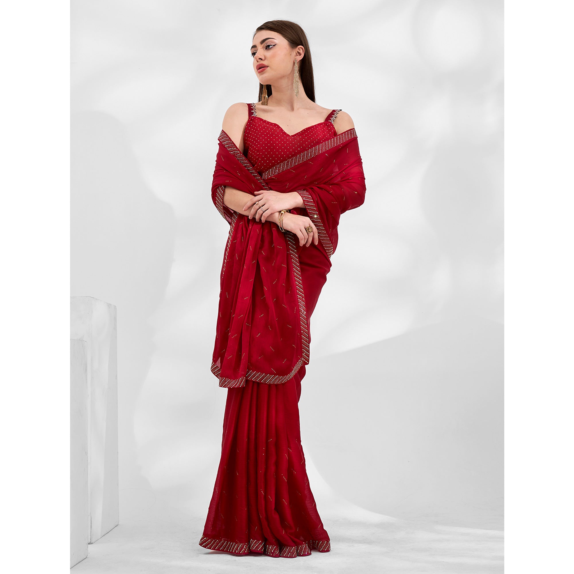 Red Embroidered Beads & Stones Chiffon Saree