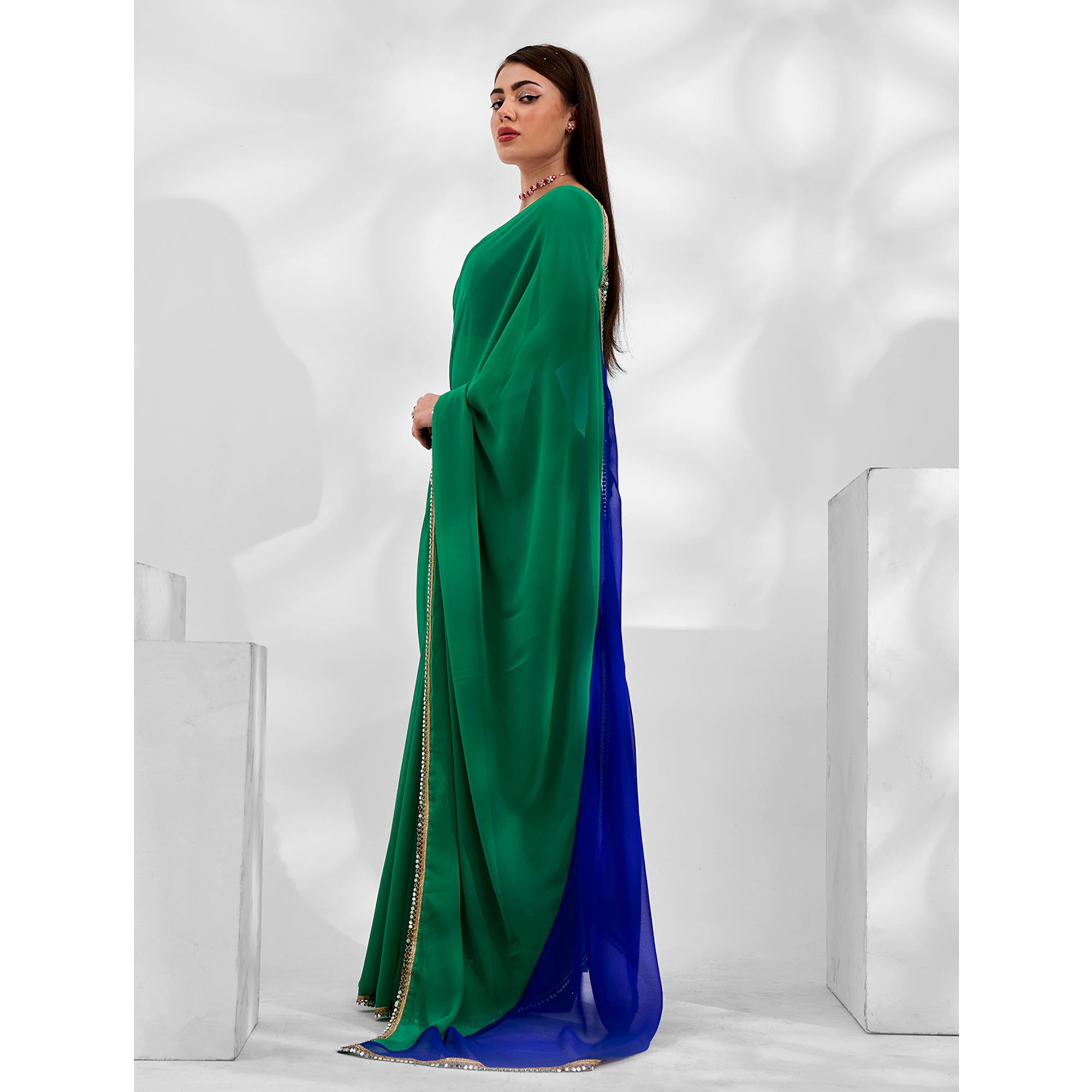 Green & Blue Solid Georgette Designer Saree