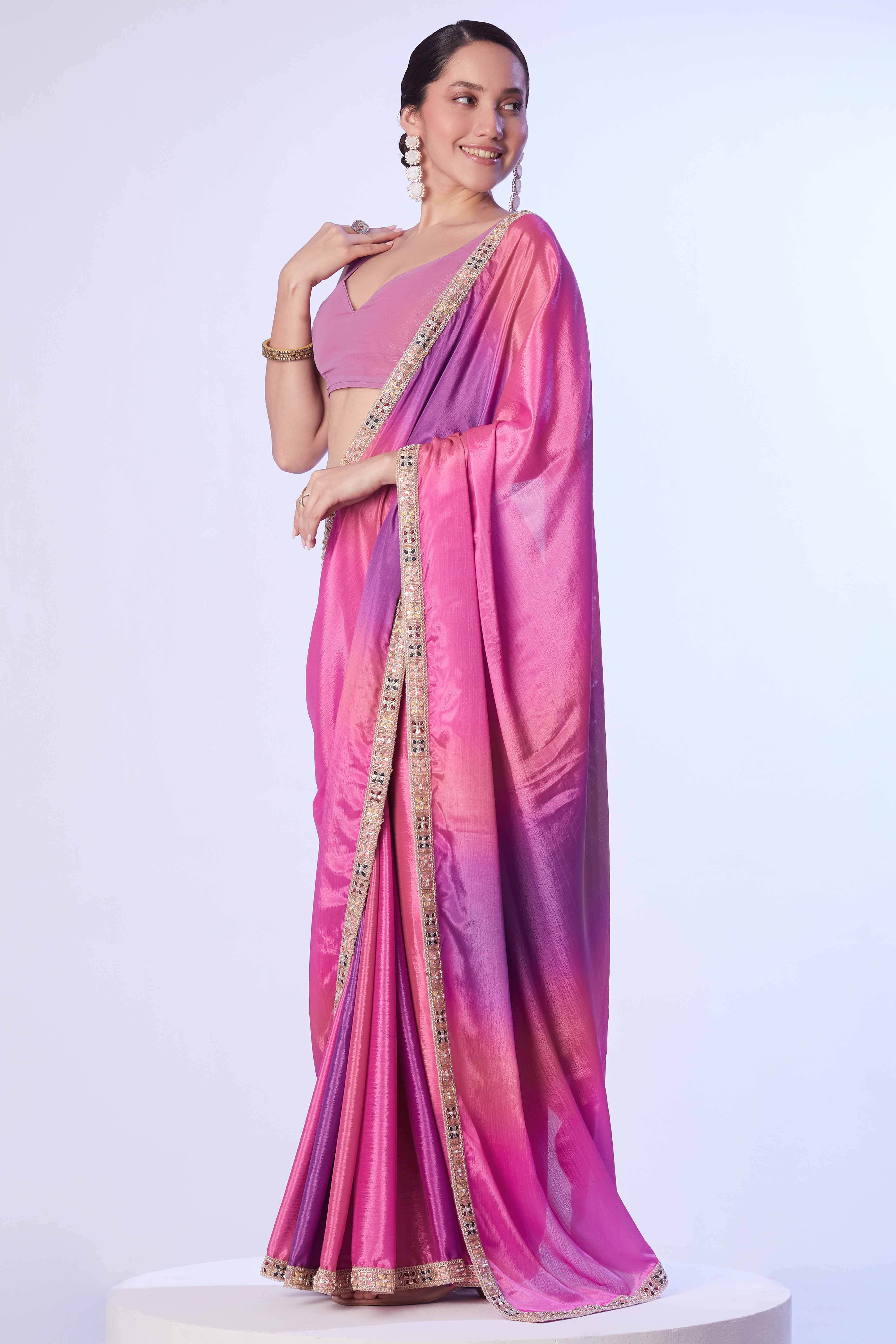 Pink Ombre Bliss Chinon Solid Saree