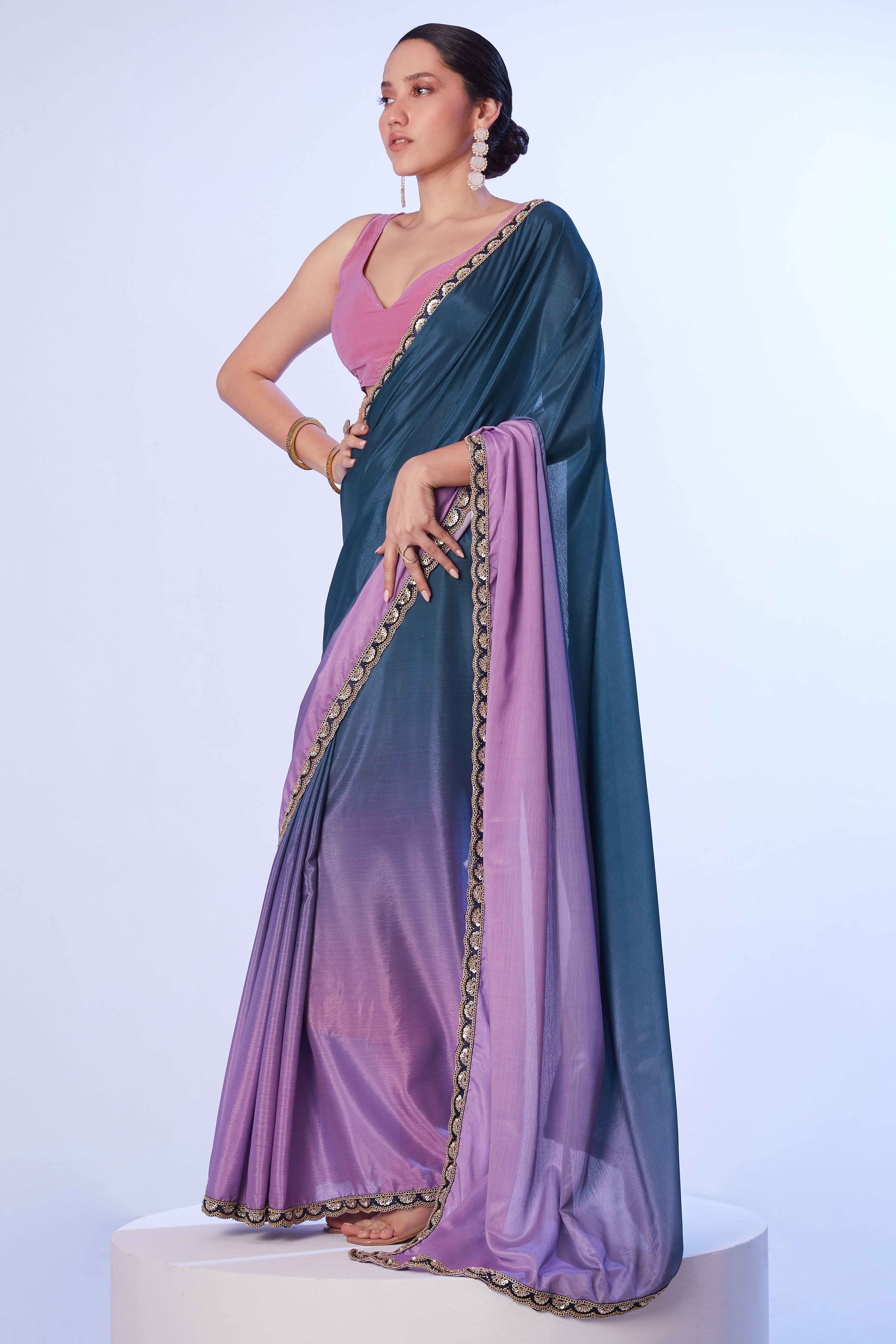 Blue & Purple Ombre Bliss Chinon Solid Saree