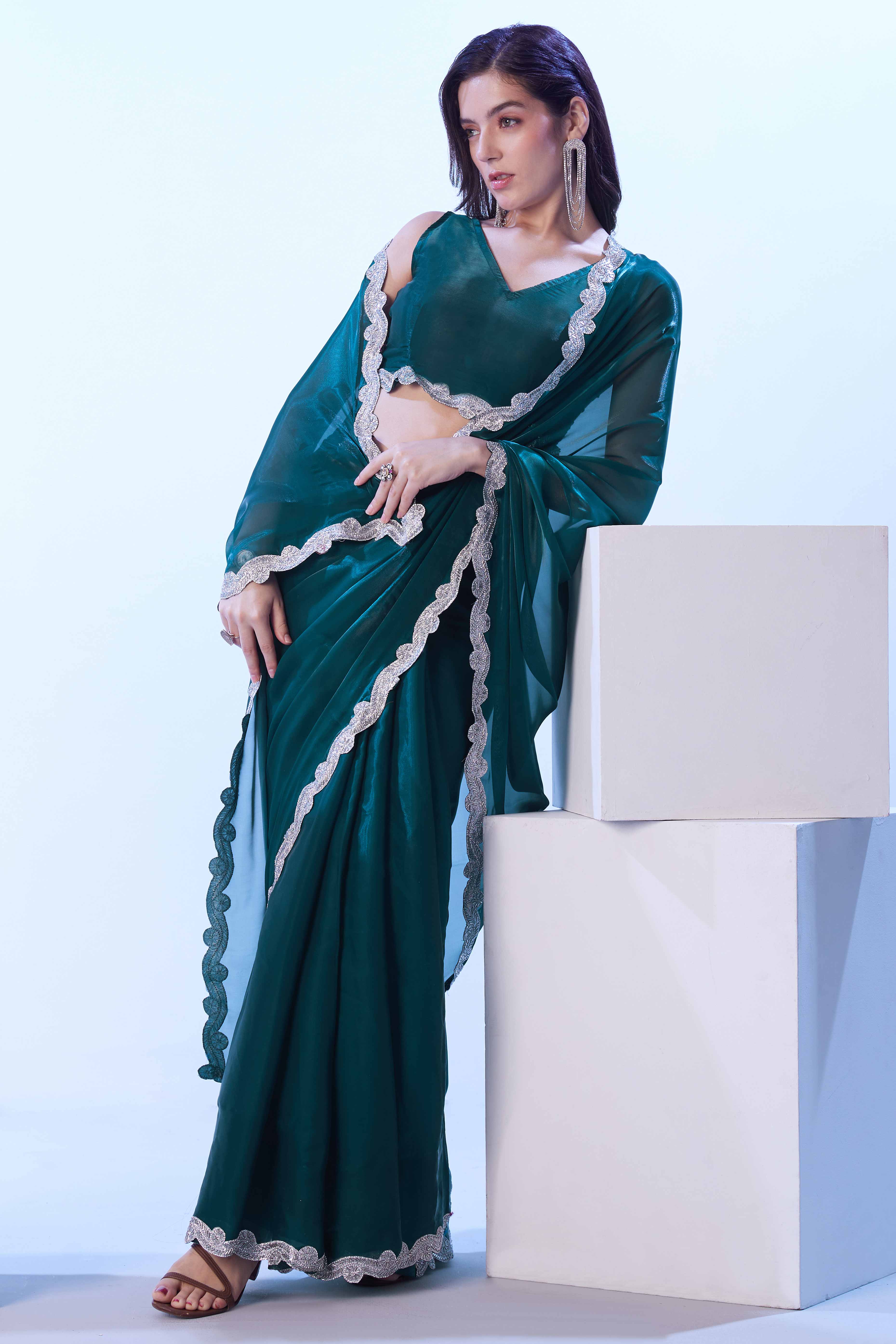 Morpich Green Satin Solid Embroidered Saree Adorned with Beads & Stones