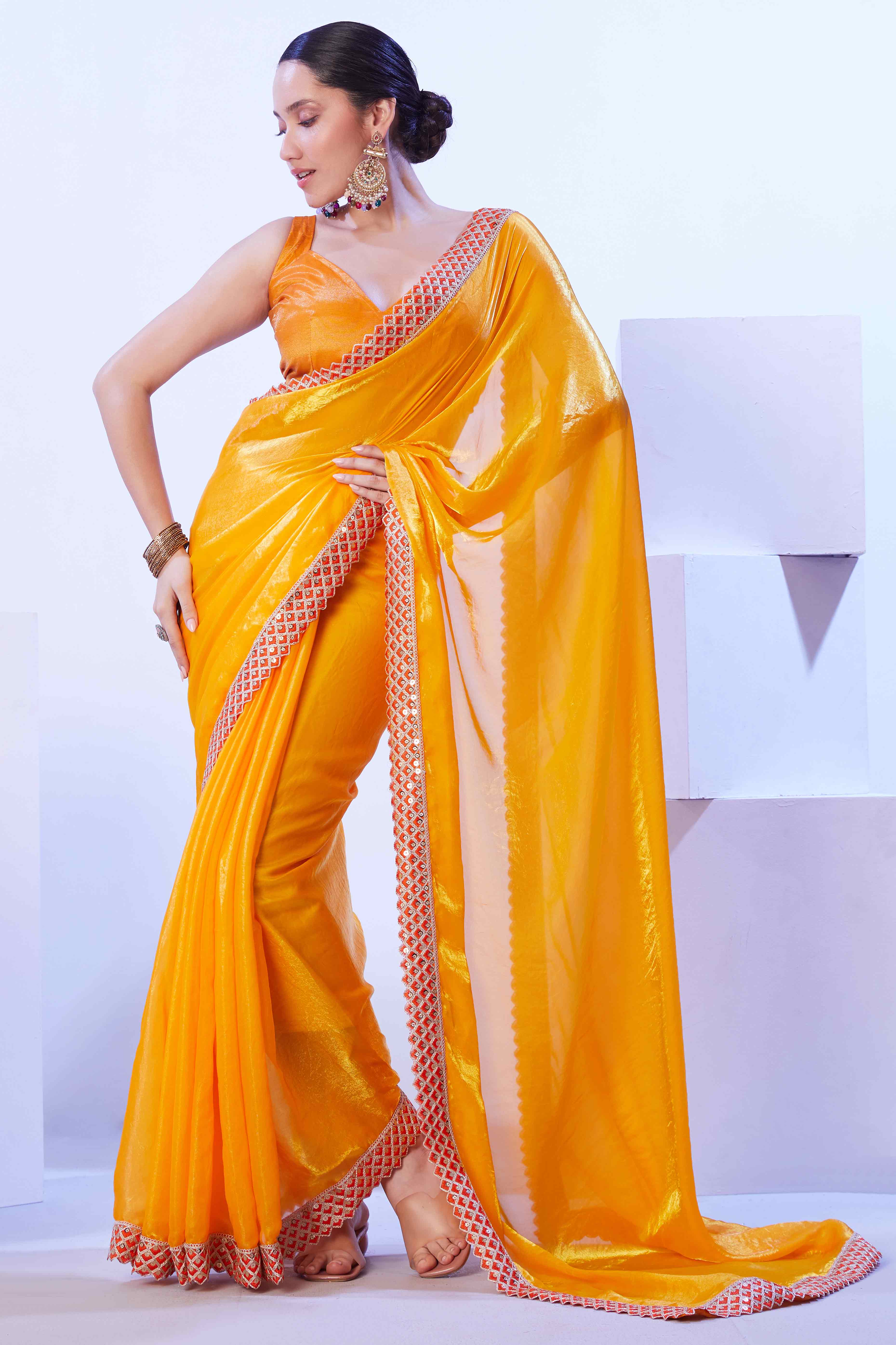 Bright Orange Satin Solid Embroidered Saree Adorned with Beads & Stones