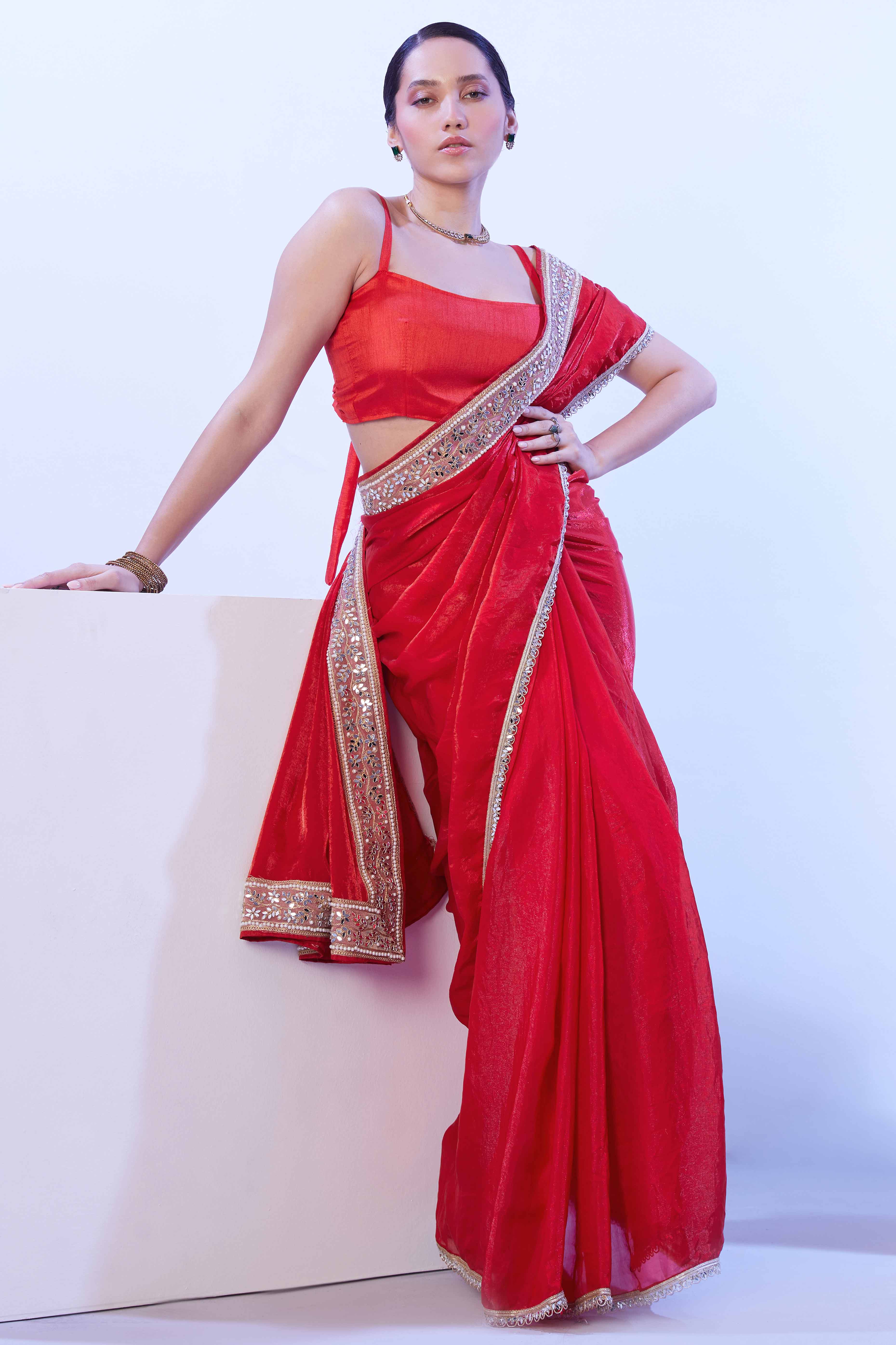 Red Satin Solid Embroidered Saree Adorned with Beads & Stones