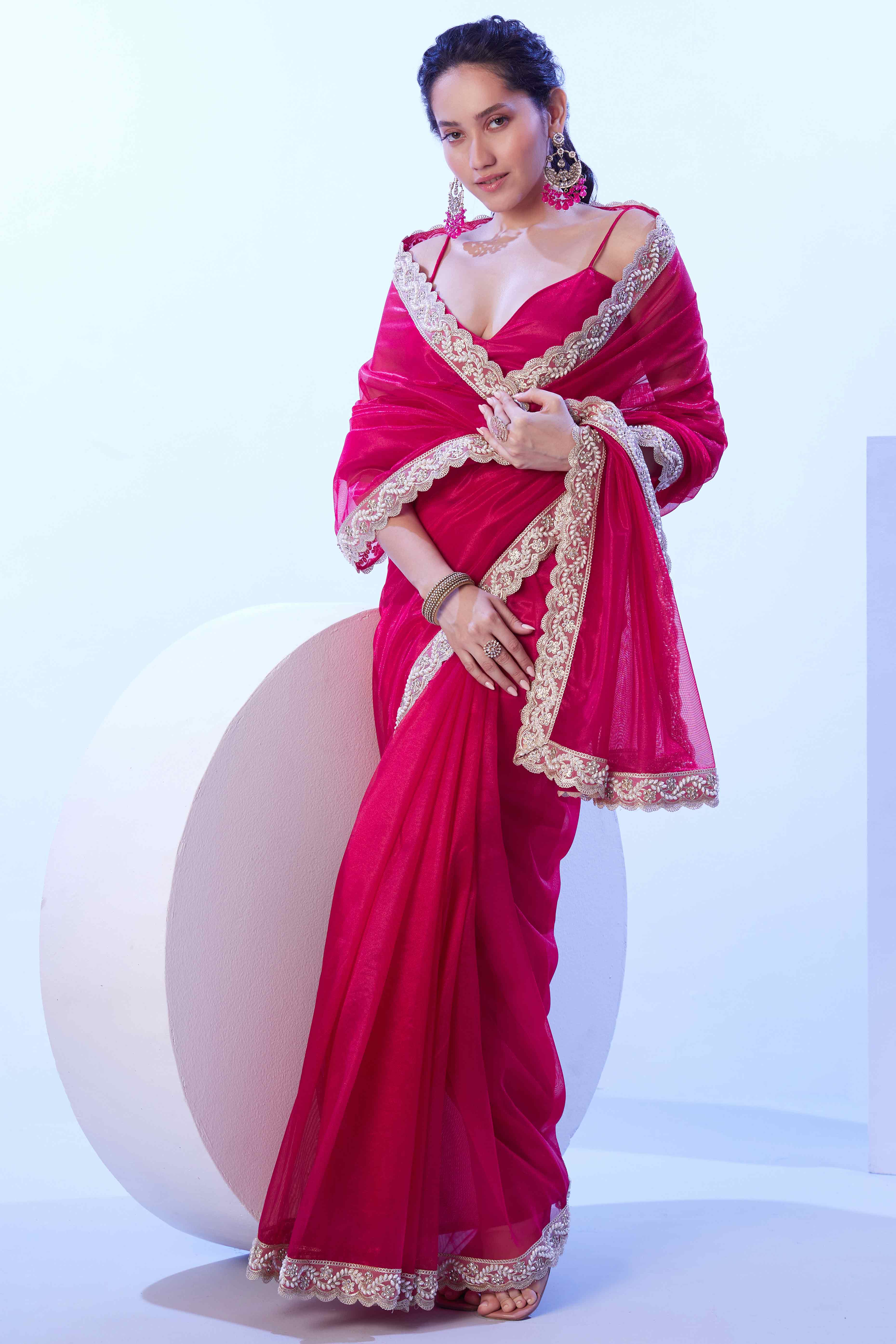 Hot Pink Stone Work Net Solid Embroidered Saree for Party Wear