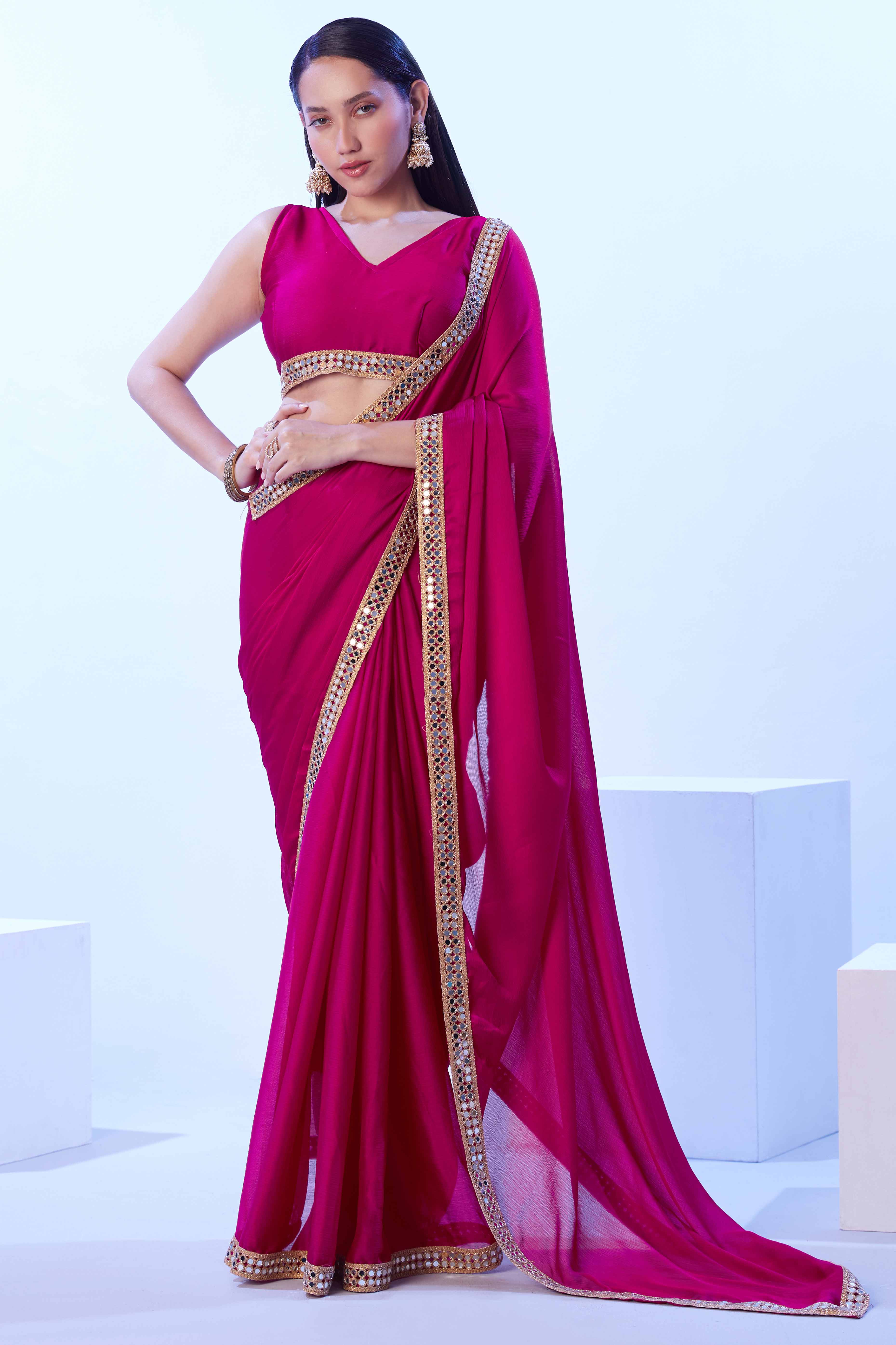 Hot Pink Satin Solid Saree Adorned with Mirror Work
