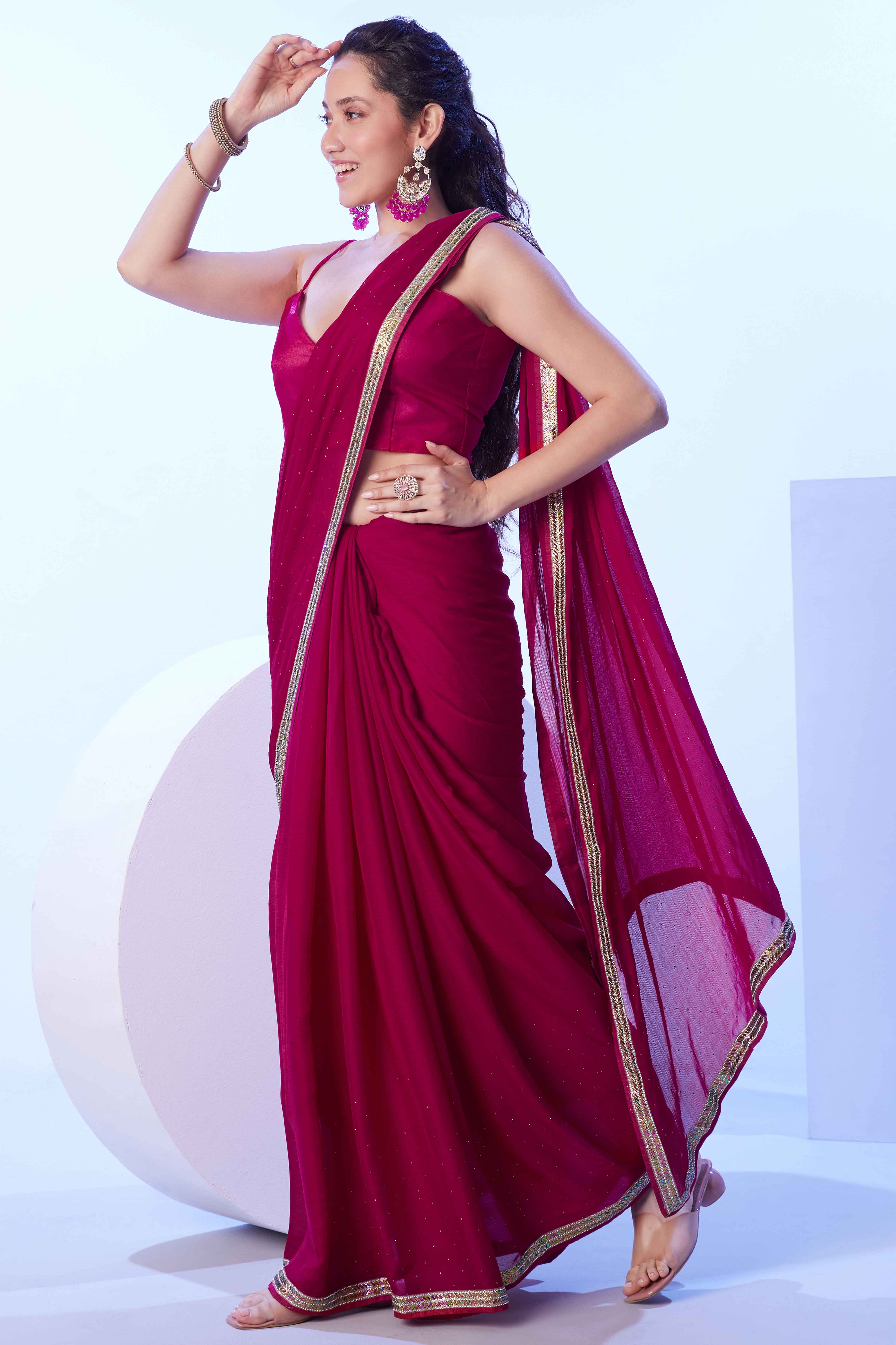 Wine Red Satin Solid Saree Adorned with Mirror Work