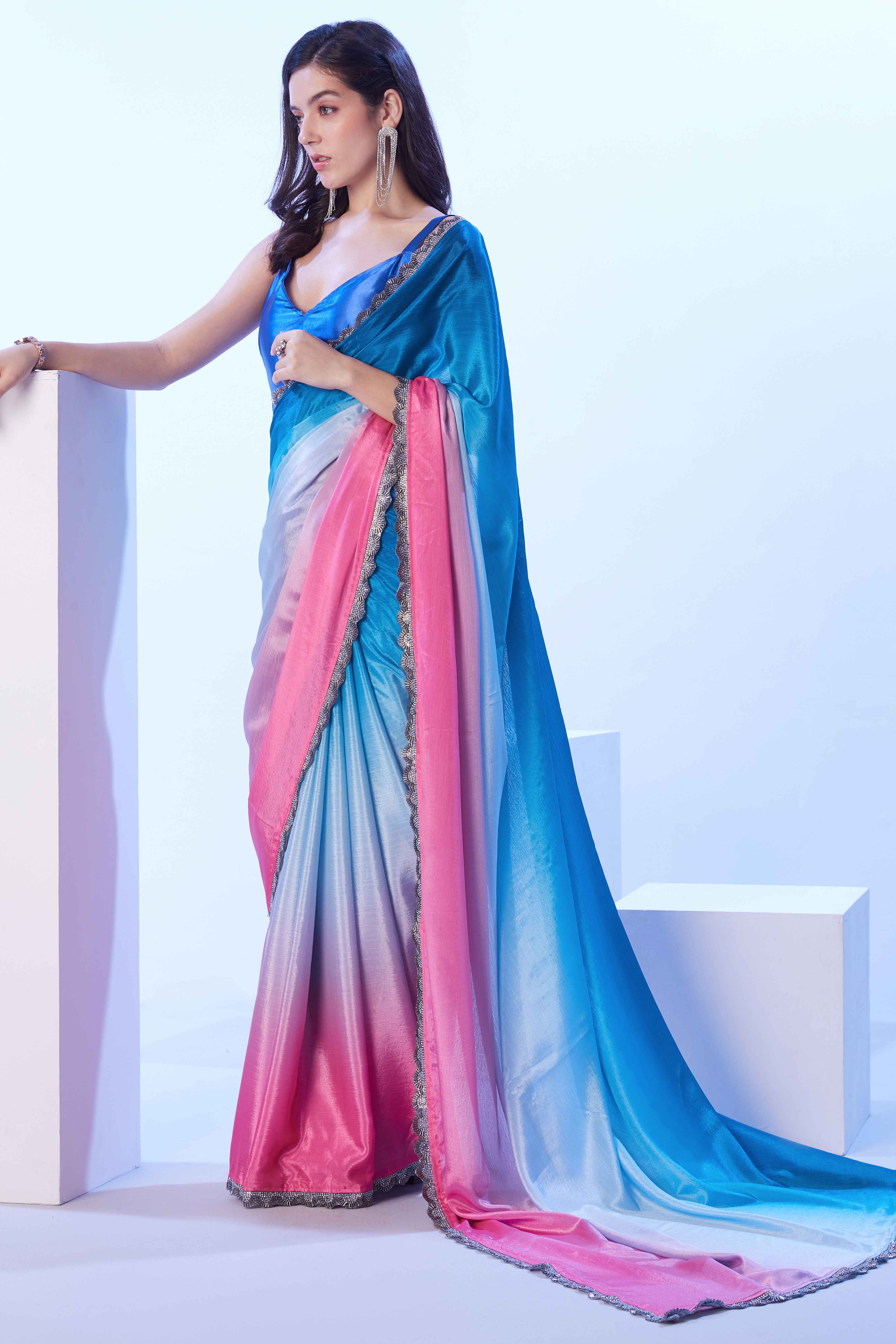 Blue & Pink Ombre Bliss Chinon Solid Saree