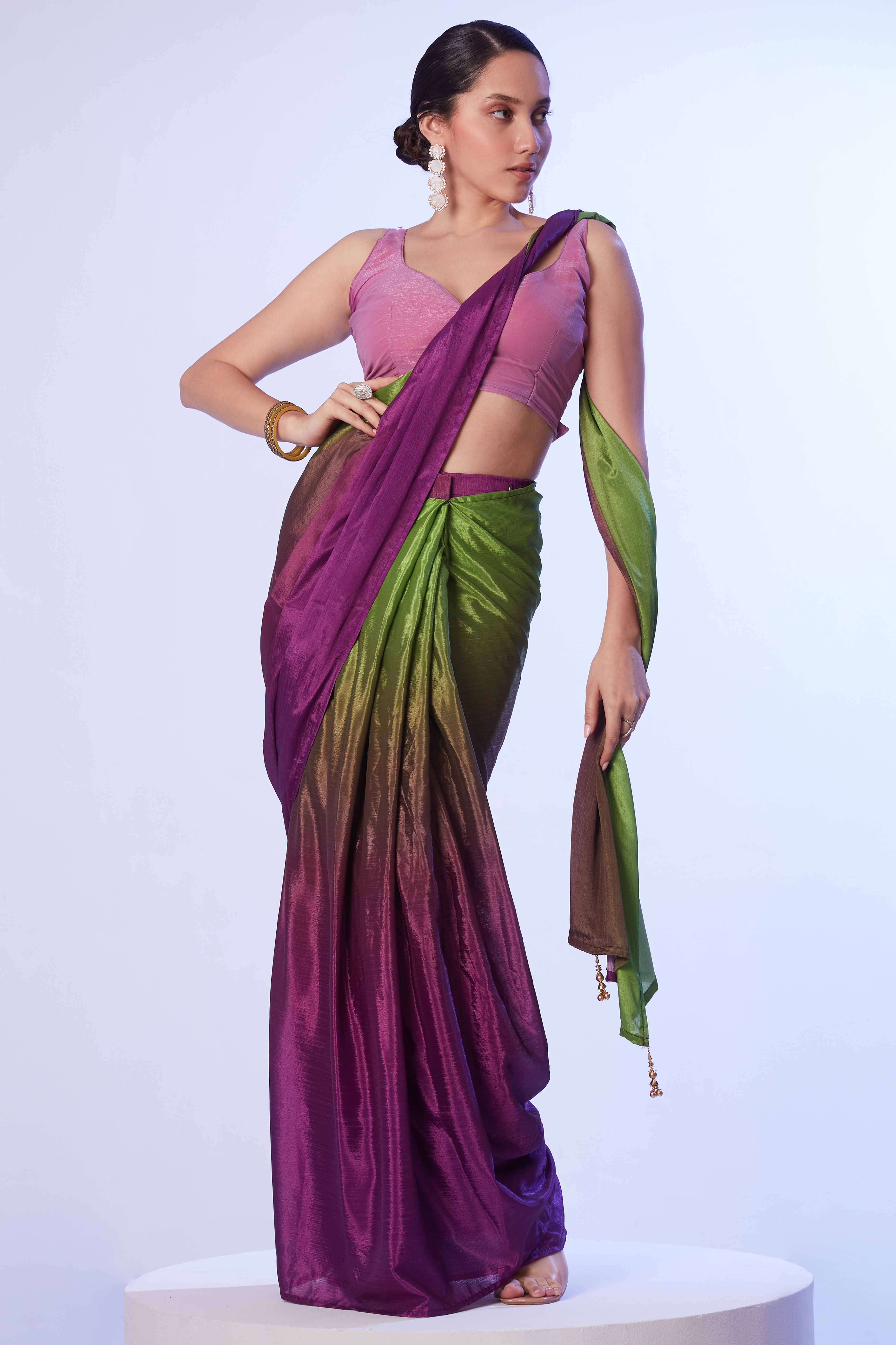 Green & Purple Ombre Bliss Chinon Solid Ready Made Saree