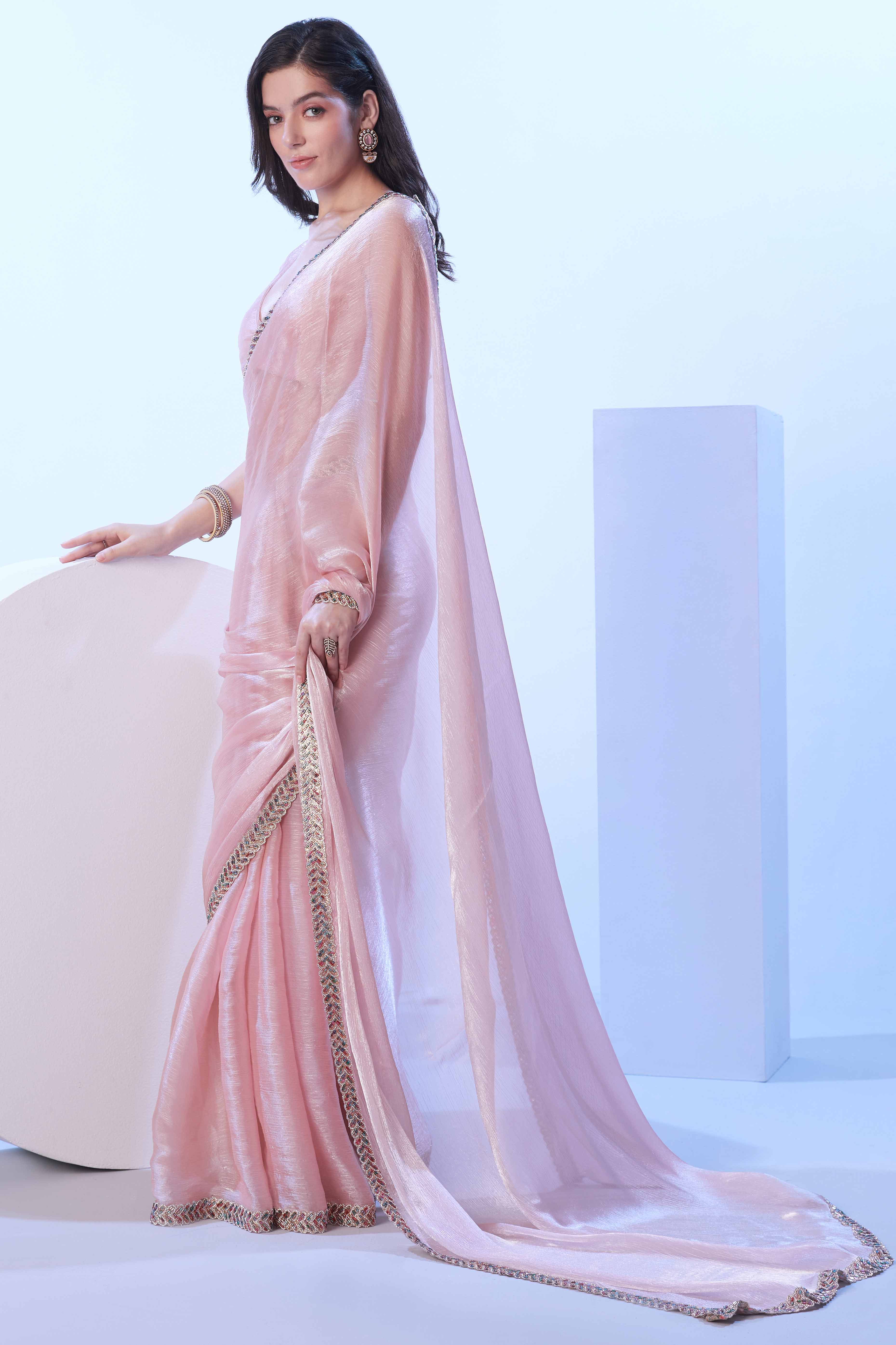 Light Pink Organza Embroidered Solid Saree with Delicate Embroidery